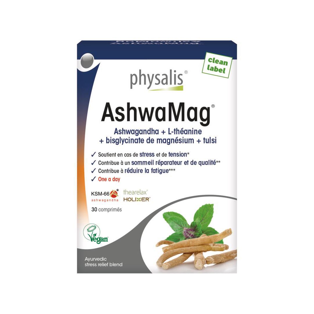 Emballage du produit AshwaMag. Contient 30 comprimés. Avec Ashwagandha, L-théanine, bisglycinate de magnésium et tulsi.