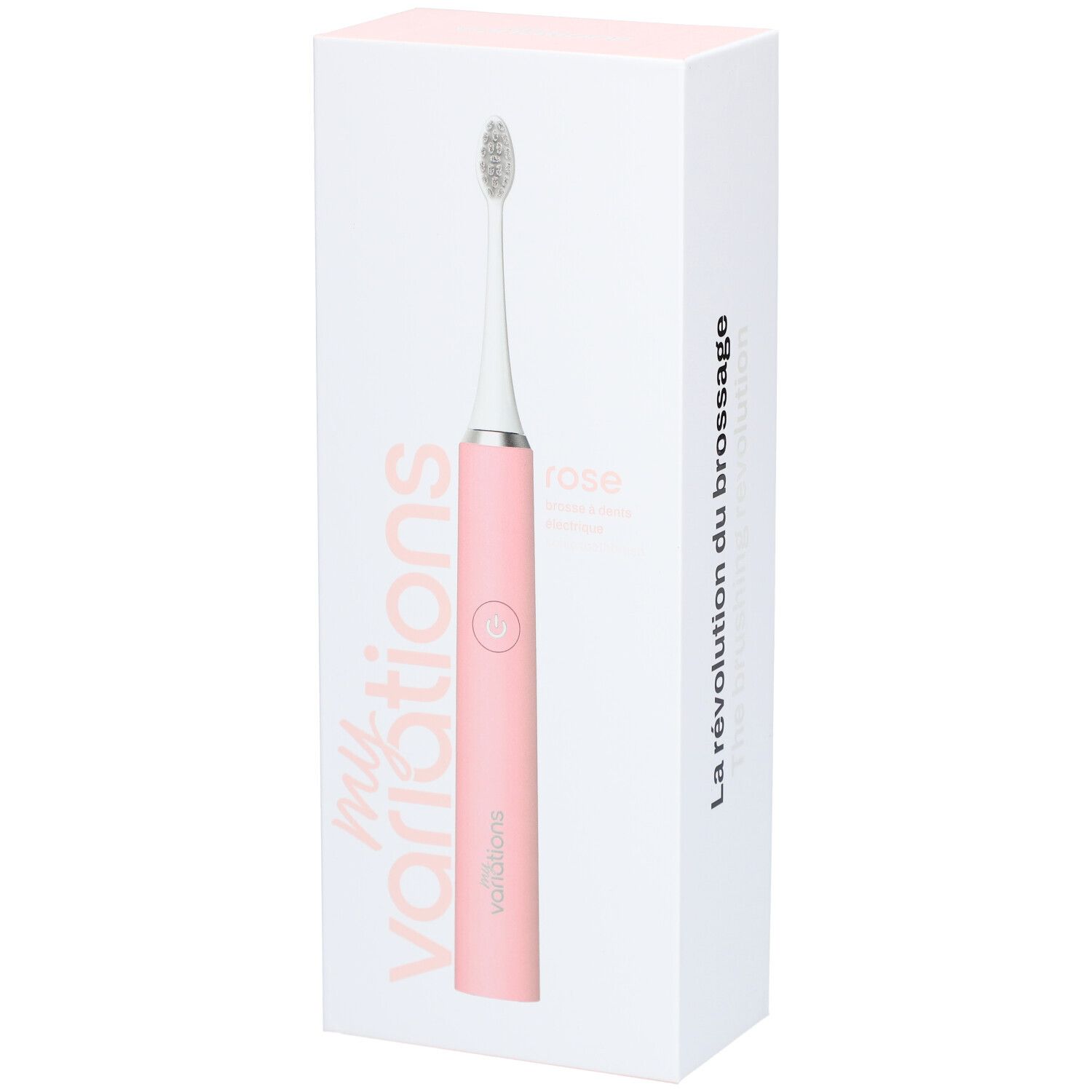 Brosse à dents électrique rose pastel dans un emballage blanc. Marque : Myvariations. Inscription : "La révolution du brossage".