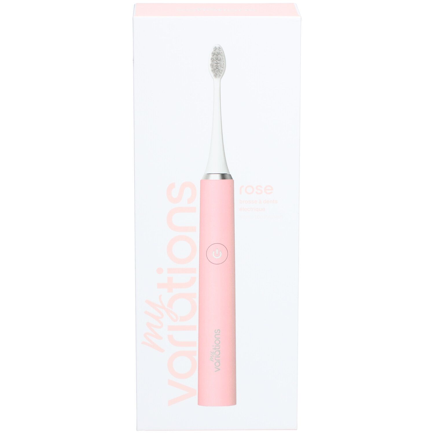 Brosse à dents électrique rose pastel dans un emballage blanc. Marque : Myvariations. Inscription : "rose".