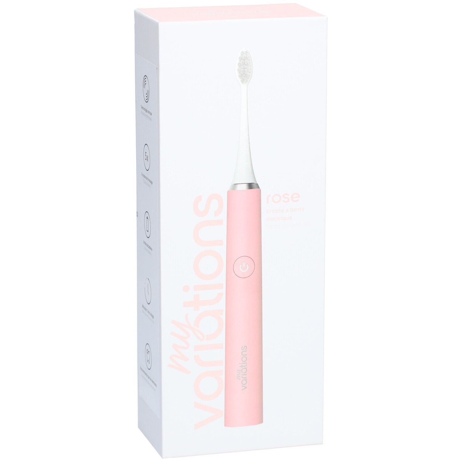 Brosse à dents électrique rose pastel dans un emballage blanc. Marque : Myvariations. Symboles sur l'emballage.