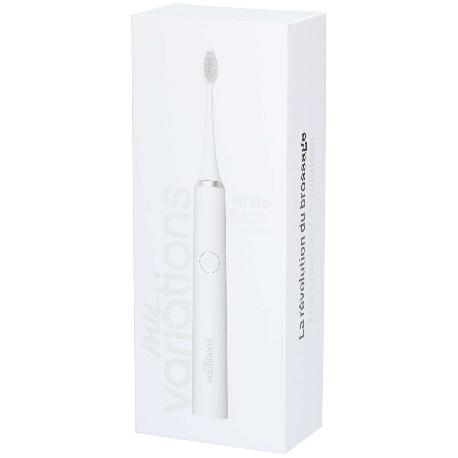Brosse à dents électrique blanche dans un emballage blanc. Inscription : my variations, brosse à dents, La révolution du brossage.