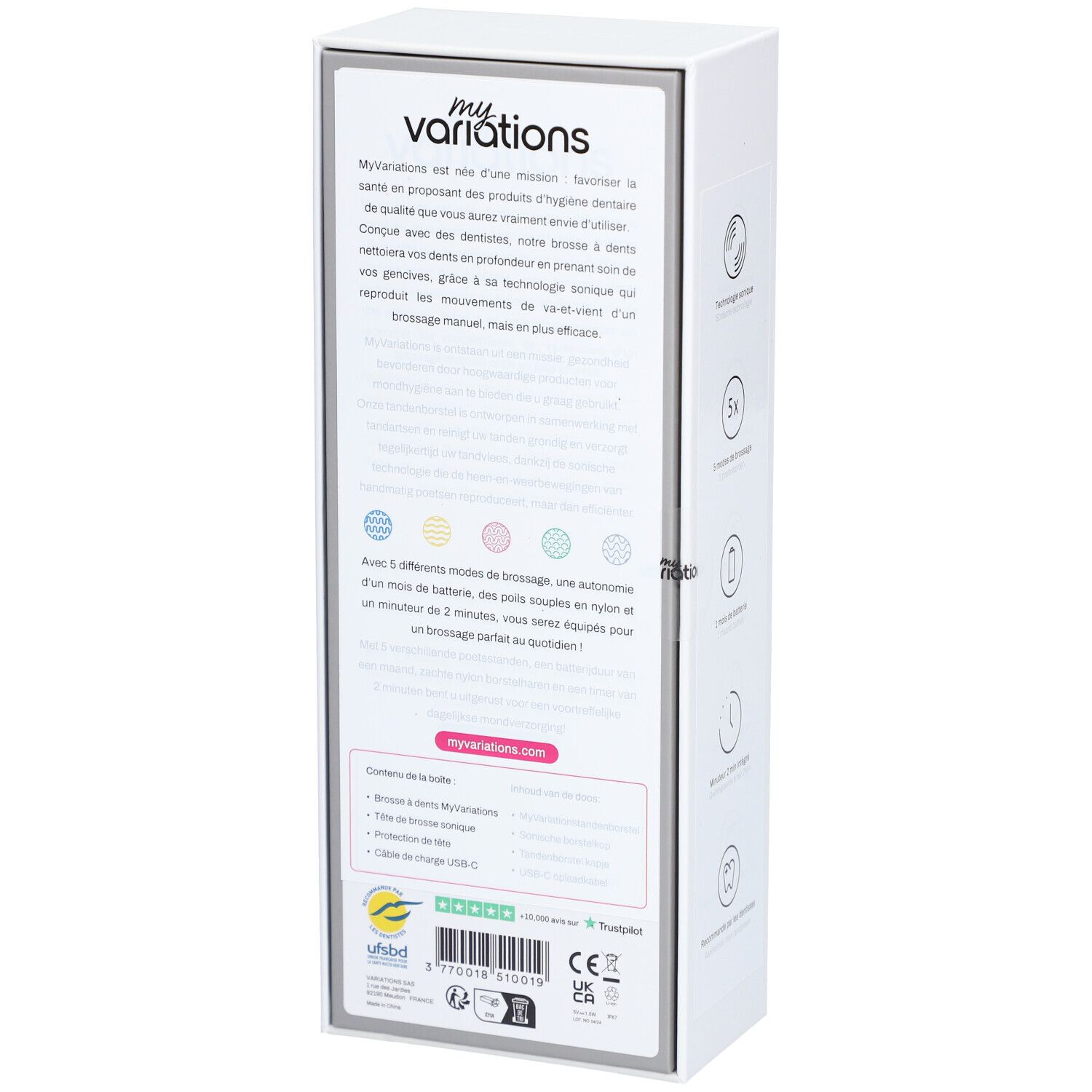 Emballage blanc avec texte. Description du produit, 5 modes, poils en nylon, minuterie de 2 minutes. Logos : Uhbd, Trustpilot, CE.