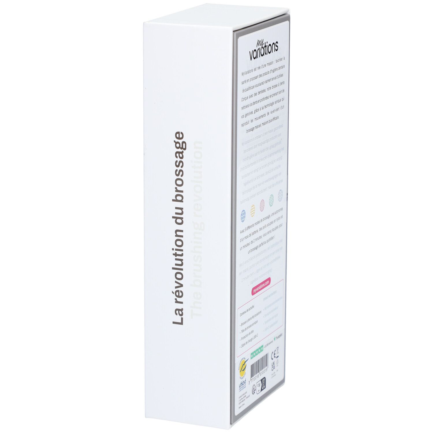 Emballage blanc avec texte. Description du produit, 5 modes, poils en nylon, minuterie de 2 minutes. Logos : Uhbd, Trustpilot, CE.