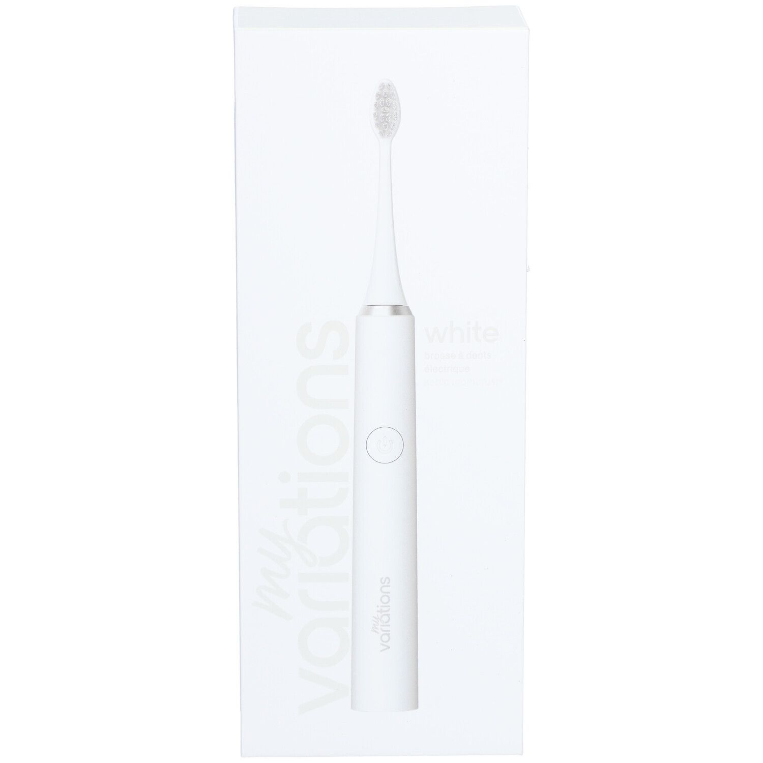 Brosse à dents électrique blanche dans un emballage blanc. Inscription : my variations, brosse à dents, white.