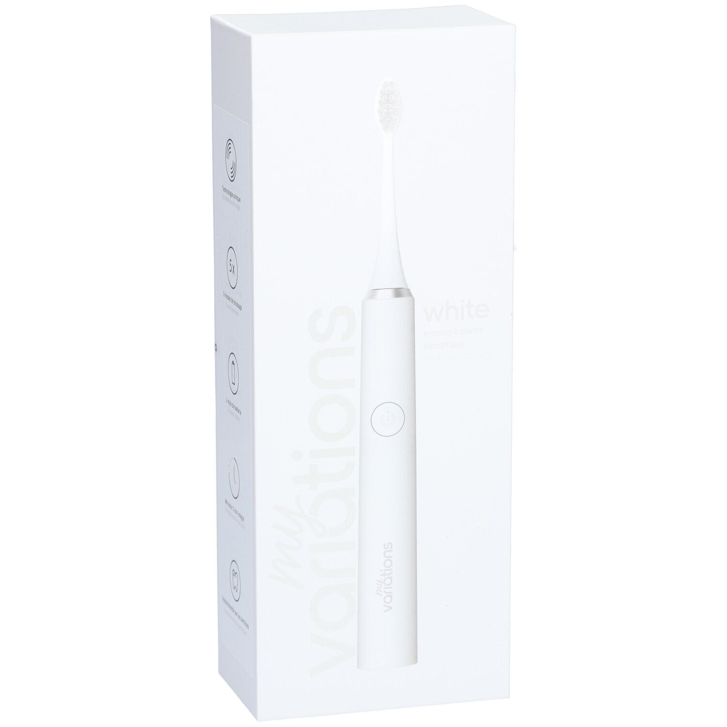 Brosse à dents électrique blanche dans un emballage blanc. Inscription : my variations, brosse à dents, white.