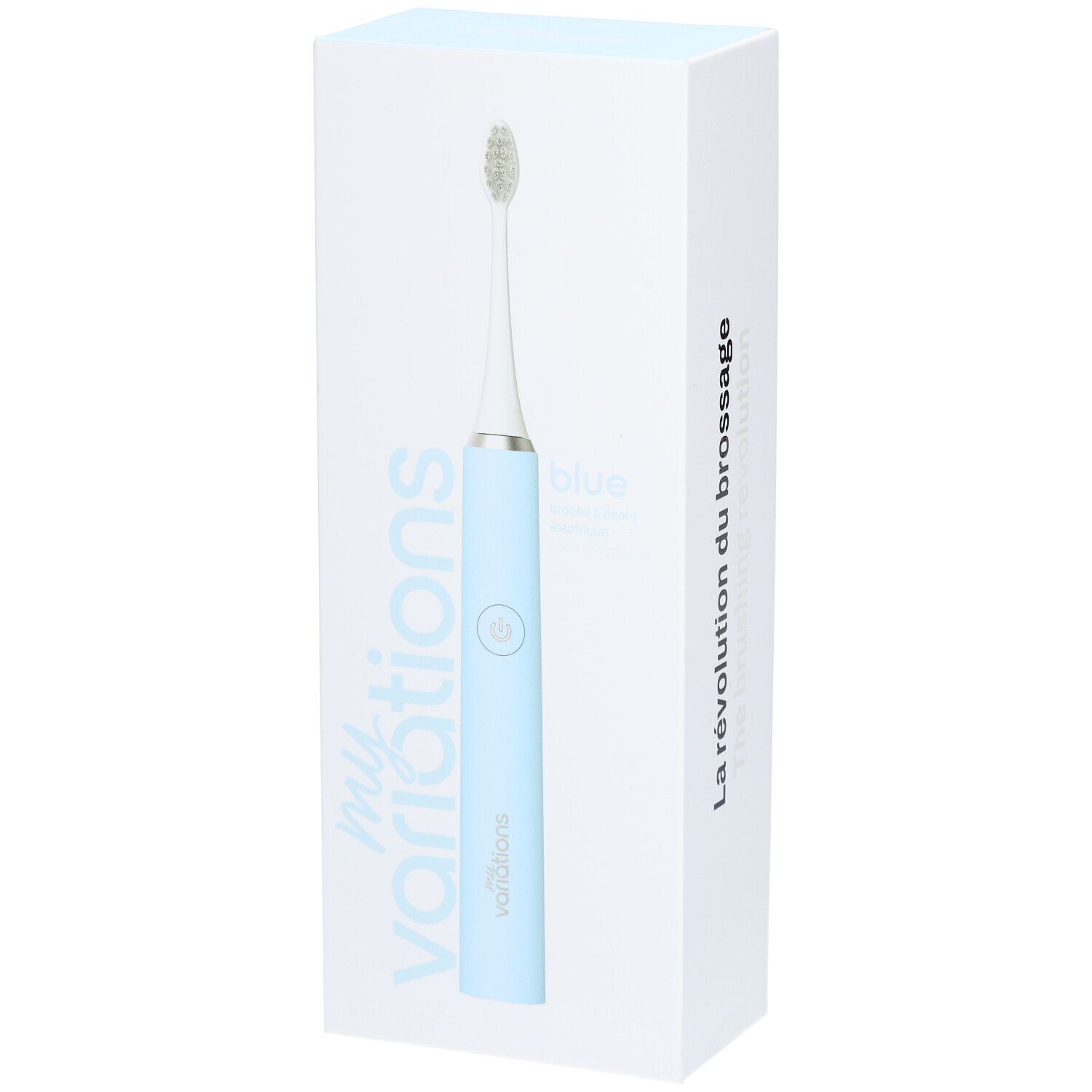Elektrische Zahnbürste blau in weißer Verpackung. Marke: Myvariations. Aufdruck: "blue".