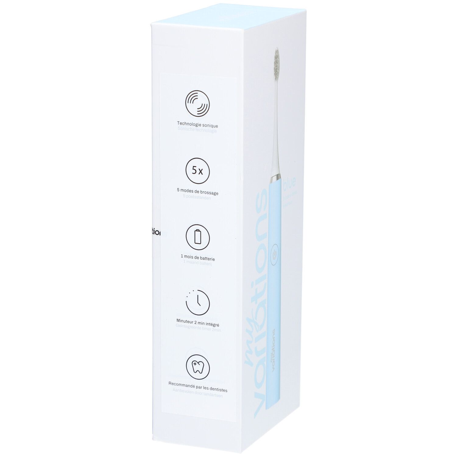 Weiße Verpackung mit blauer elektrische Zahnbürste. Aufdrucke: "Myvariations", Icons, "5x", "1 mois d'autonomie".