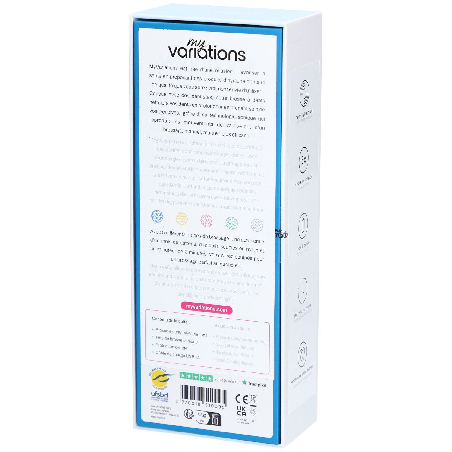 Verpackung mit Text und Icons. Text: "Myvariations", "3 modes de brossage", "1 mois d'autonomie".