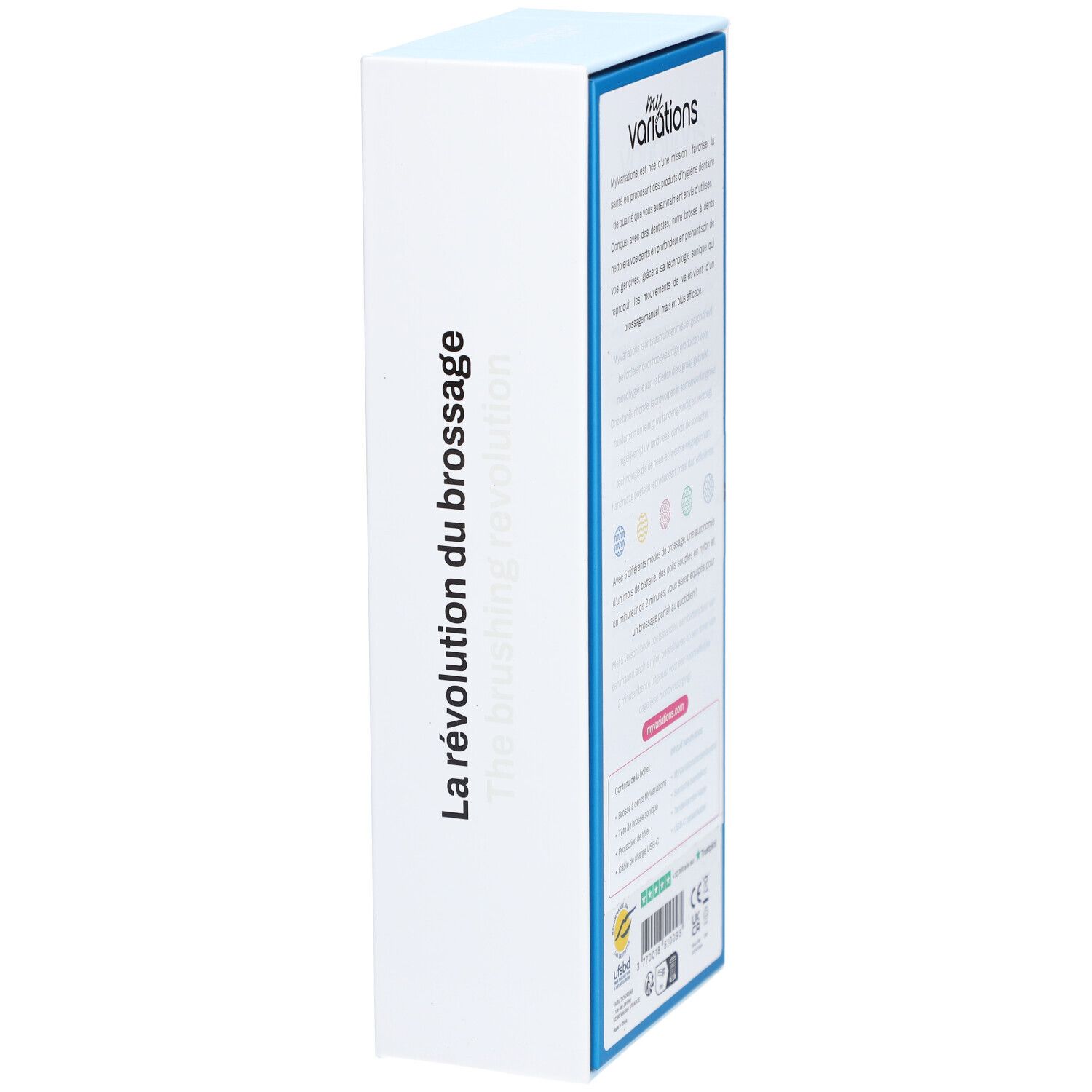 Weiße Verpackung mit blauer Umrandung. Text: "La révolution du brossage". Marke: Myvariations.