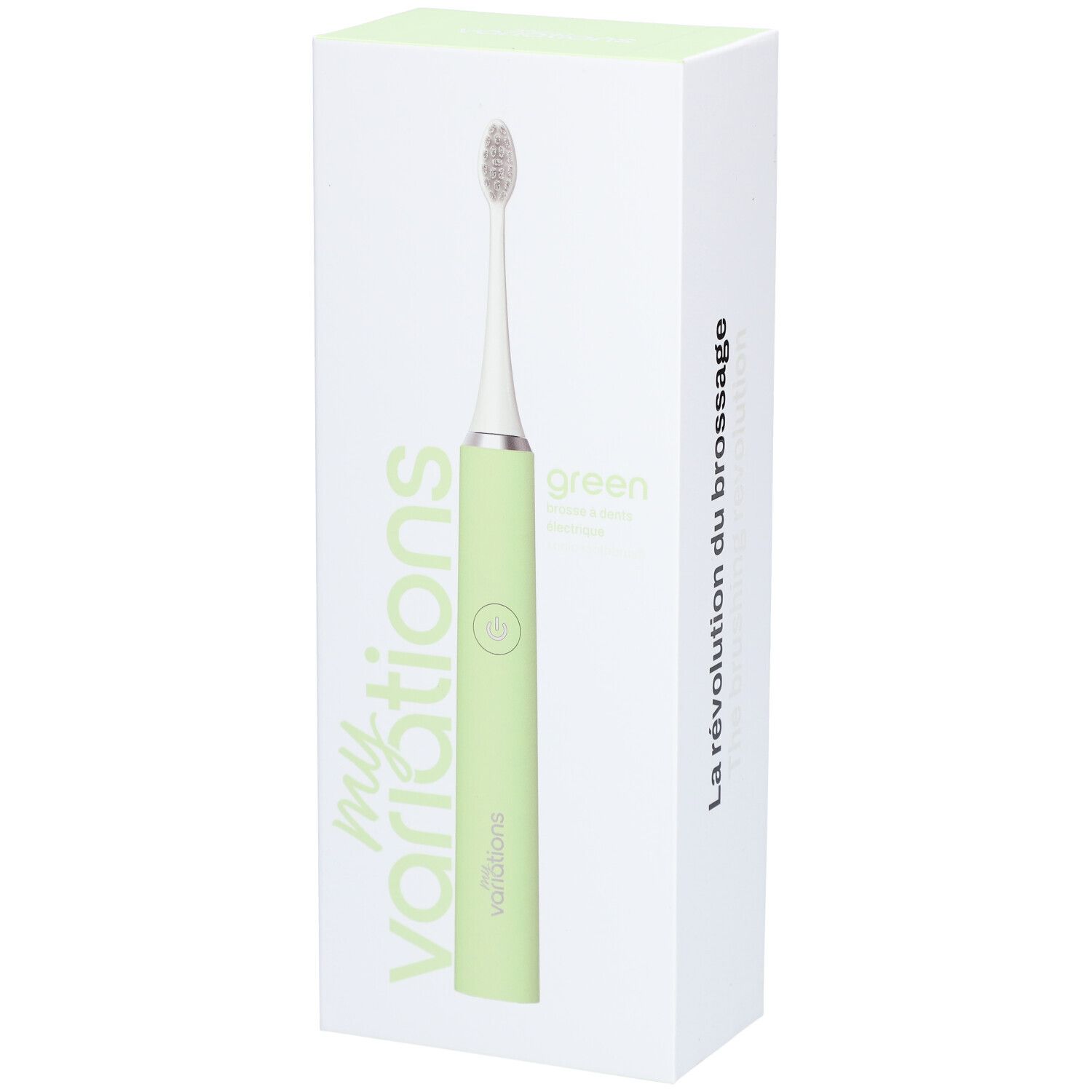 Brosse à dents électrique verte dans son emballage. Marque : my variations. Inscription : green. Produit présenté dans son emballage.