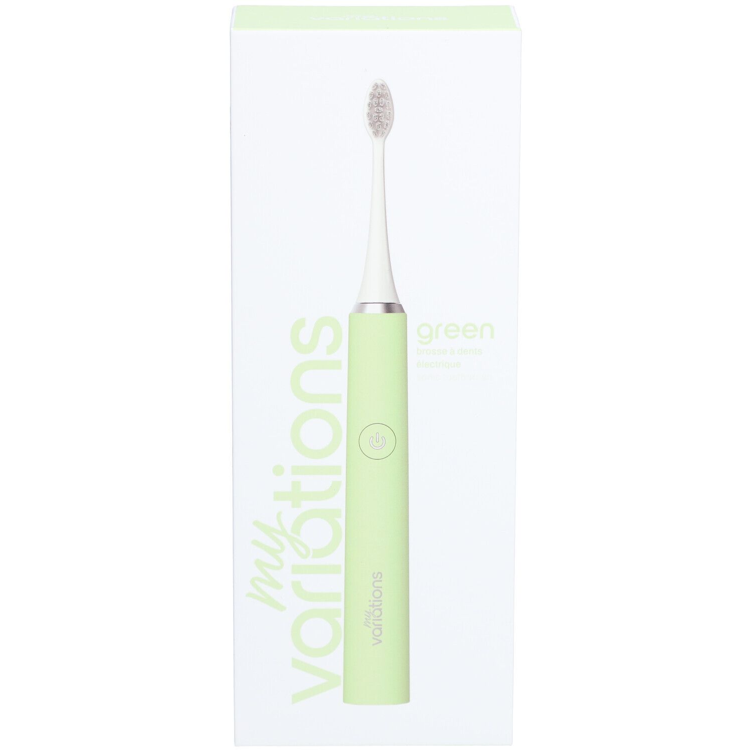 Brosse à dents électrique verte dans son emballage. Marque : my variations. Inscription : green. Produit présenté dans son emballage.