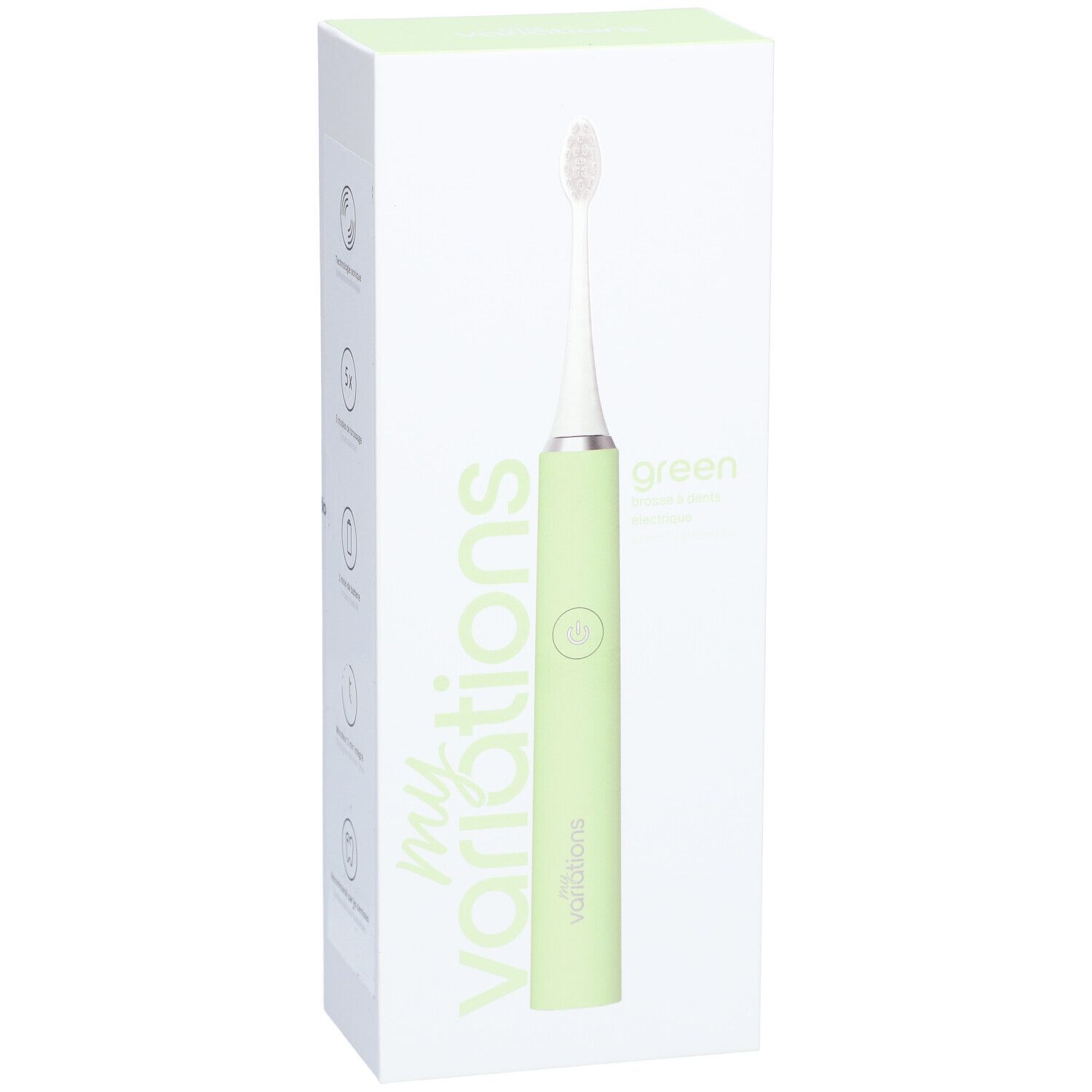 Brosse à dents électrique verte dans son emballage. Marque : my variations. Inscription : green. Produit présenté dans son emballage.