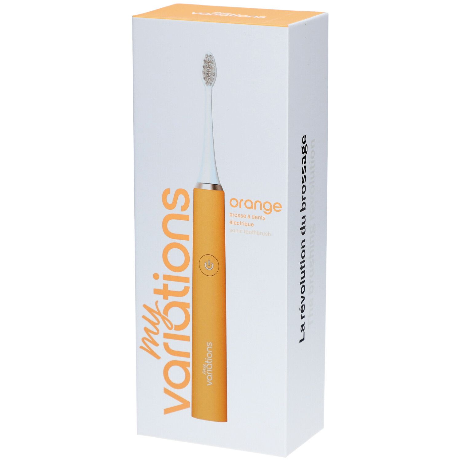Brosse à dents électrique Orange dans son emballage. Marque: myvariations. Manche orange, tête blanche. Inscription: Orange, La révolution du brossage.