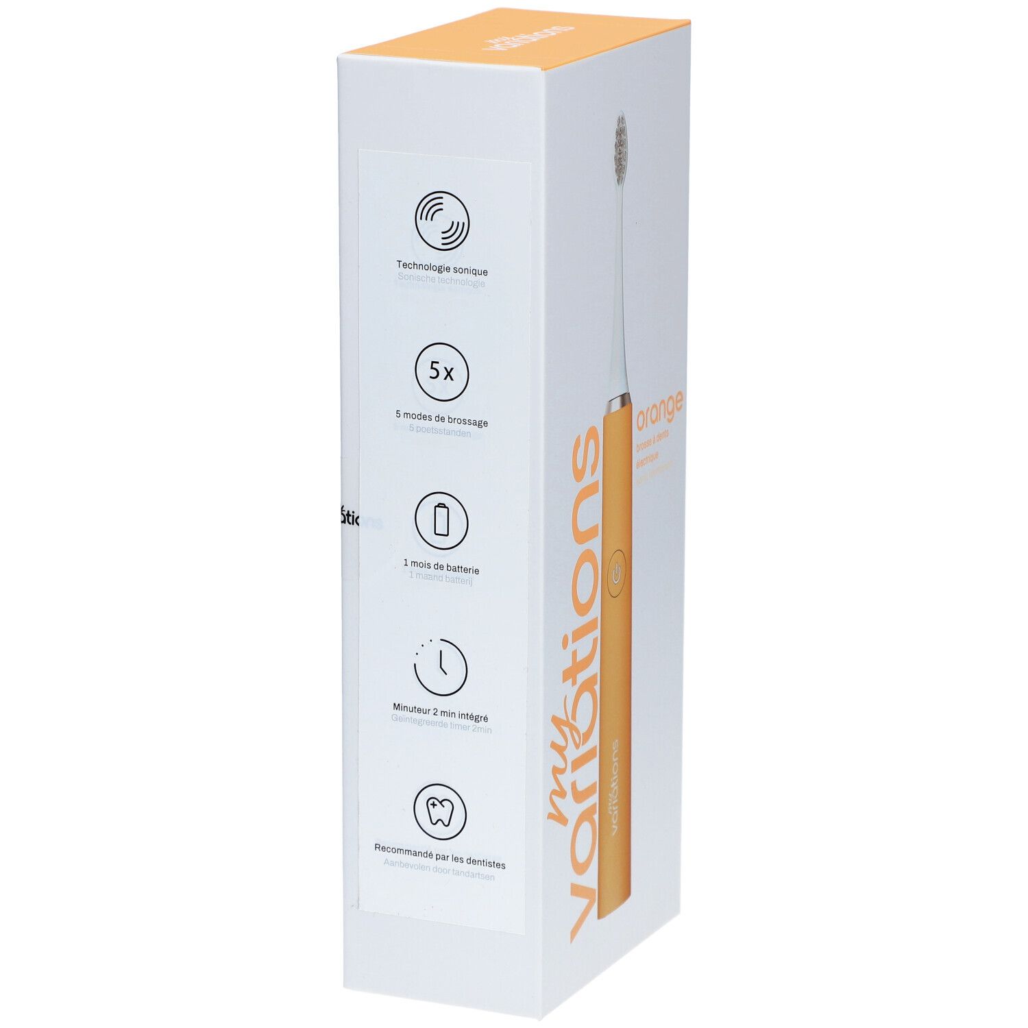 Emballage de la brosse à dents électrique Orange. Symboles pour technologie, modes, batterie, minuterie et recommandation. Marque: myvariations. Design orange.