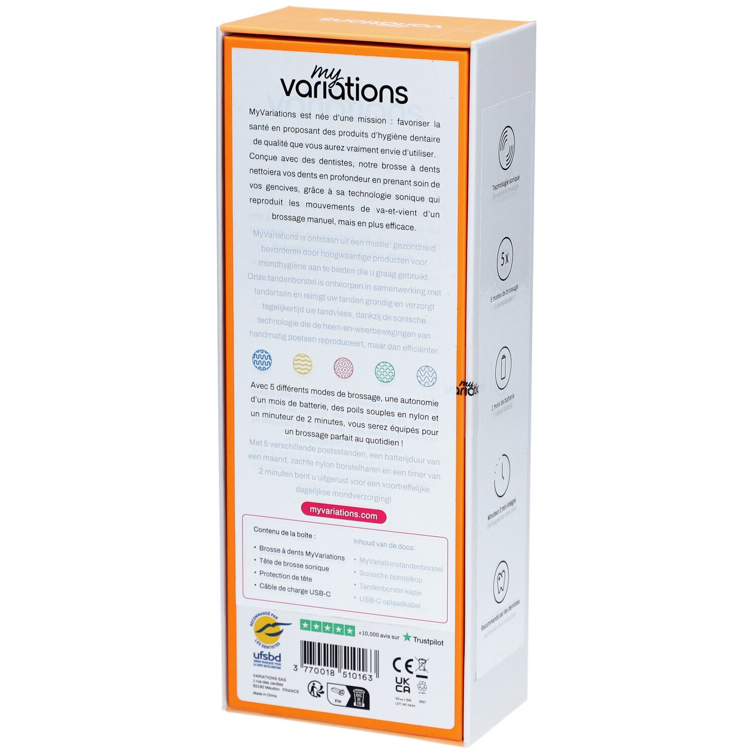 Dos de l'emballage de la brosse à dents électrique. Texte en français. Contient des informations sur la marque myvariations et des certifications.
