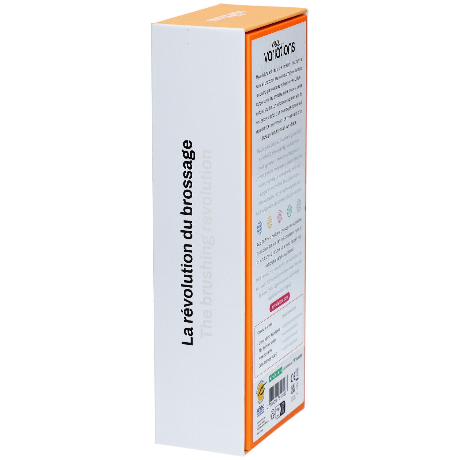 Emballage de la brosse à dents électrique Orange. Inscription: La révolution du brossage. Fond orange avec texte blanc.