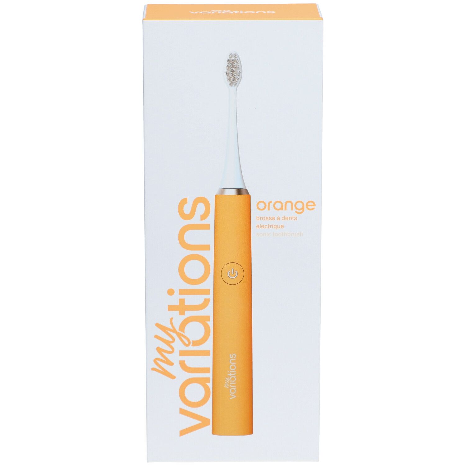 Brosse à dents électrique Orange dans son emballage. Marque: myvariations. Manche orange, tête blanche. Inscription: Orange.