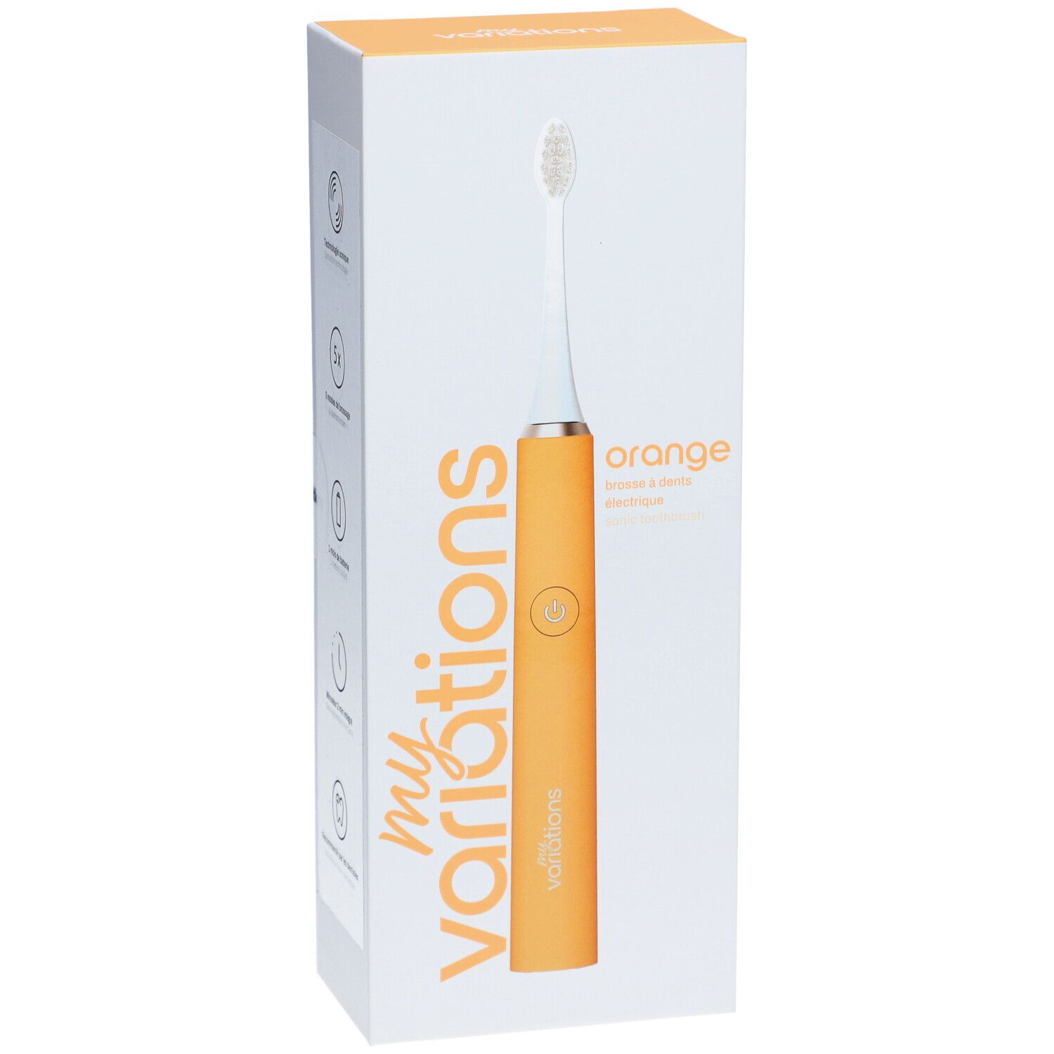 Brosse à dents électrique Orange dans son emballage. Marque: myvariations. Manche orange, tête blanche. Inscription: Orange.