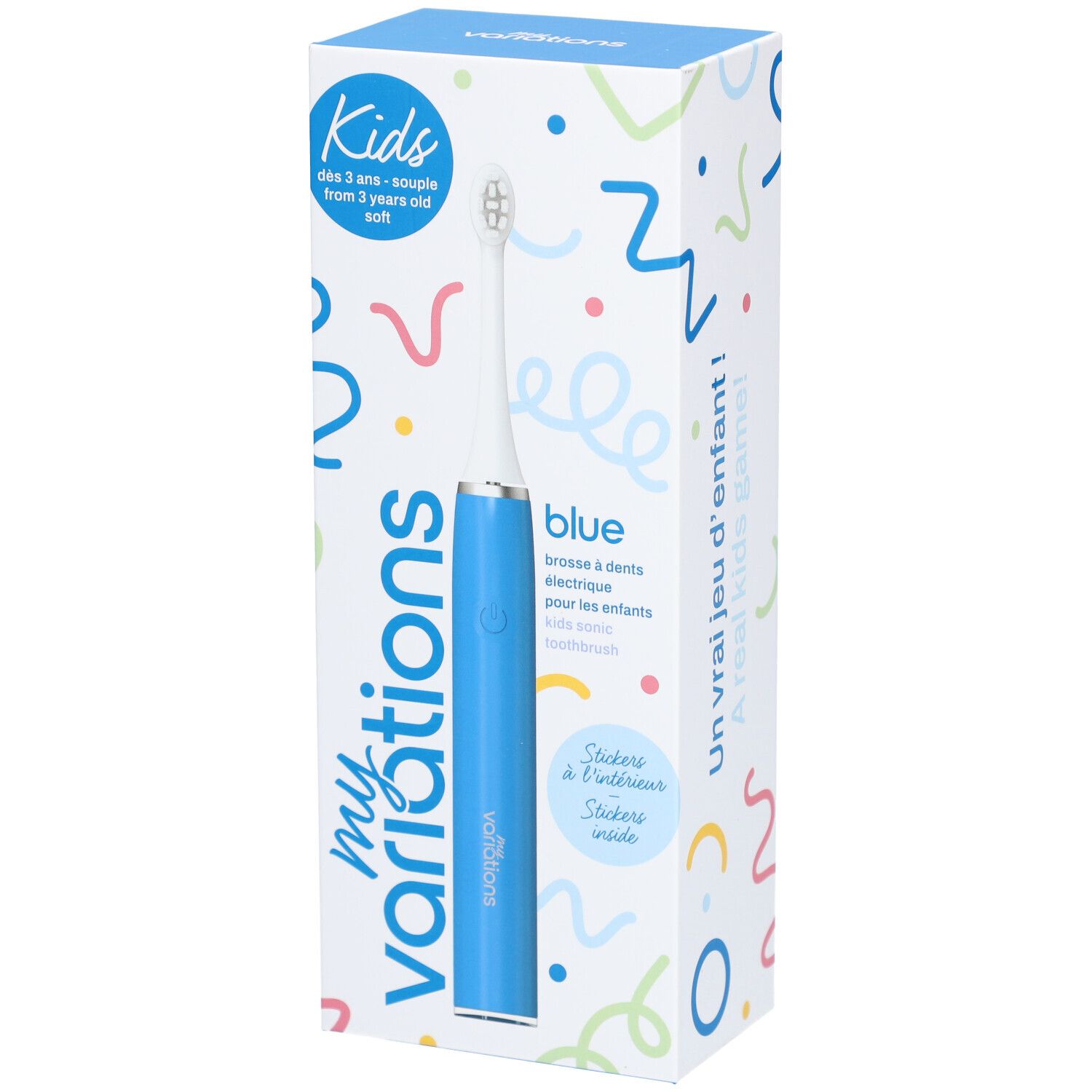 Blaue elektrische Zahnbürste für Kinder in Verpackung. Marke: myvariations. Aufdruck: Kids, ab 3 Jahren. Aufkleber enthalten.