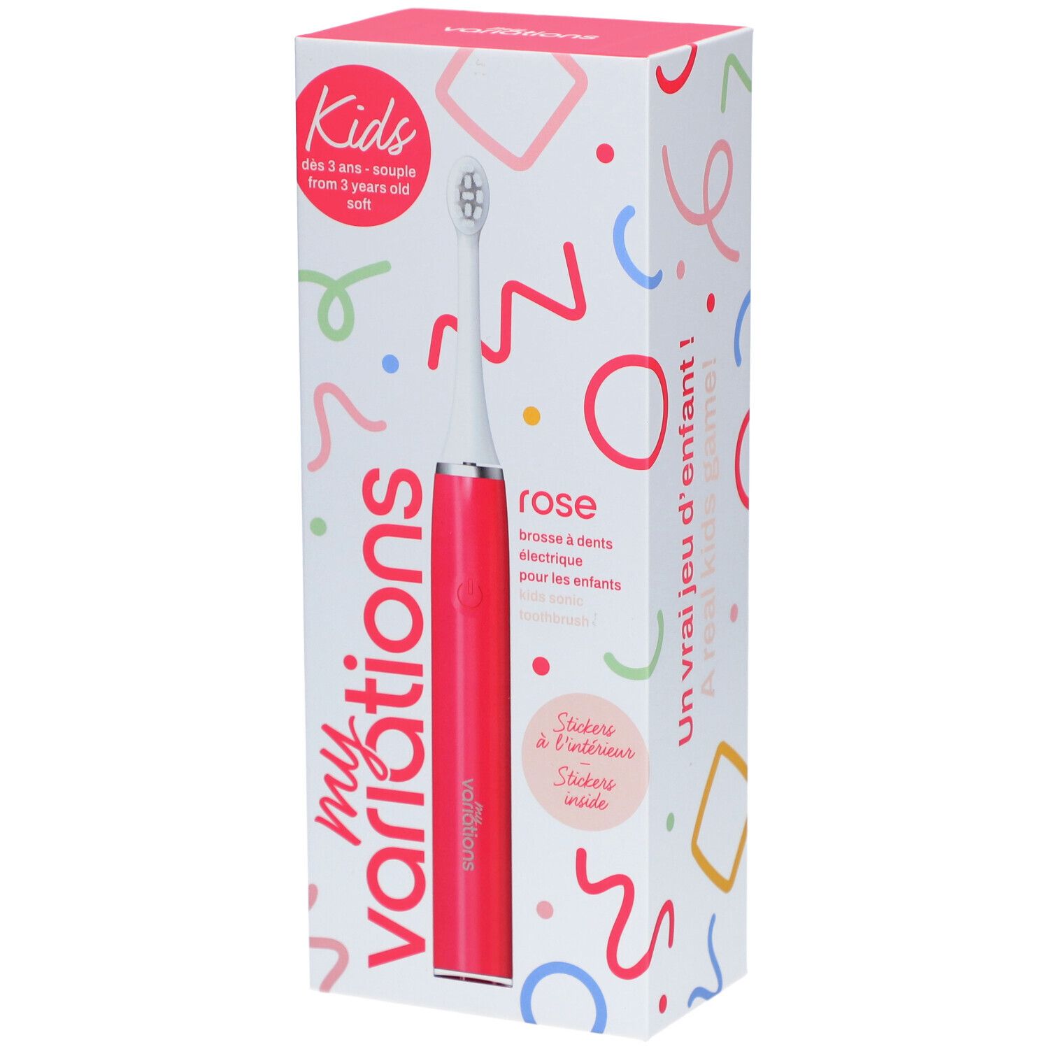 Elektrische Zahnbürste Kids Sonic Pink in Verpackung. Rosa Bürste, weißer Bürstenkopf. Verpackung mit bunten Formen und Produktnamen.