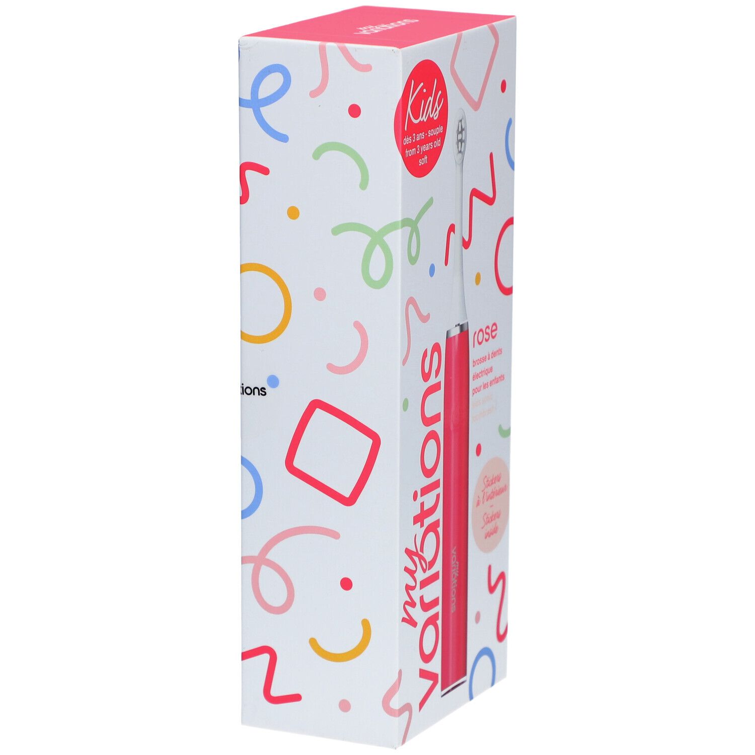 Verpackung der elektrischen Zahnbürste Kids Sonic Pink. Rosa Bürste sichtbar. Verpackung mit bunten Formen und Produktnamen.