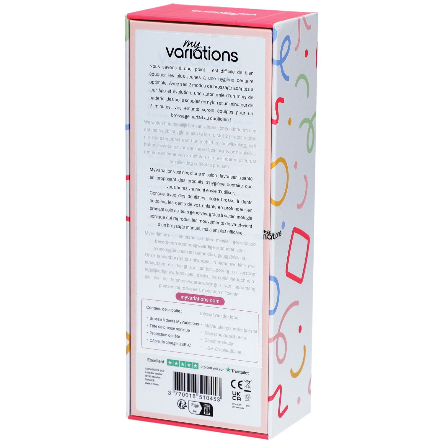 Rückseite der Verpackung der elektrischen Zahnbürste Kids Sonic Pink. Text in mehreren Sprachen. Produktinformationen und Logos.