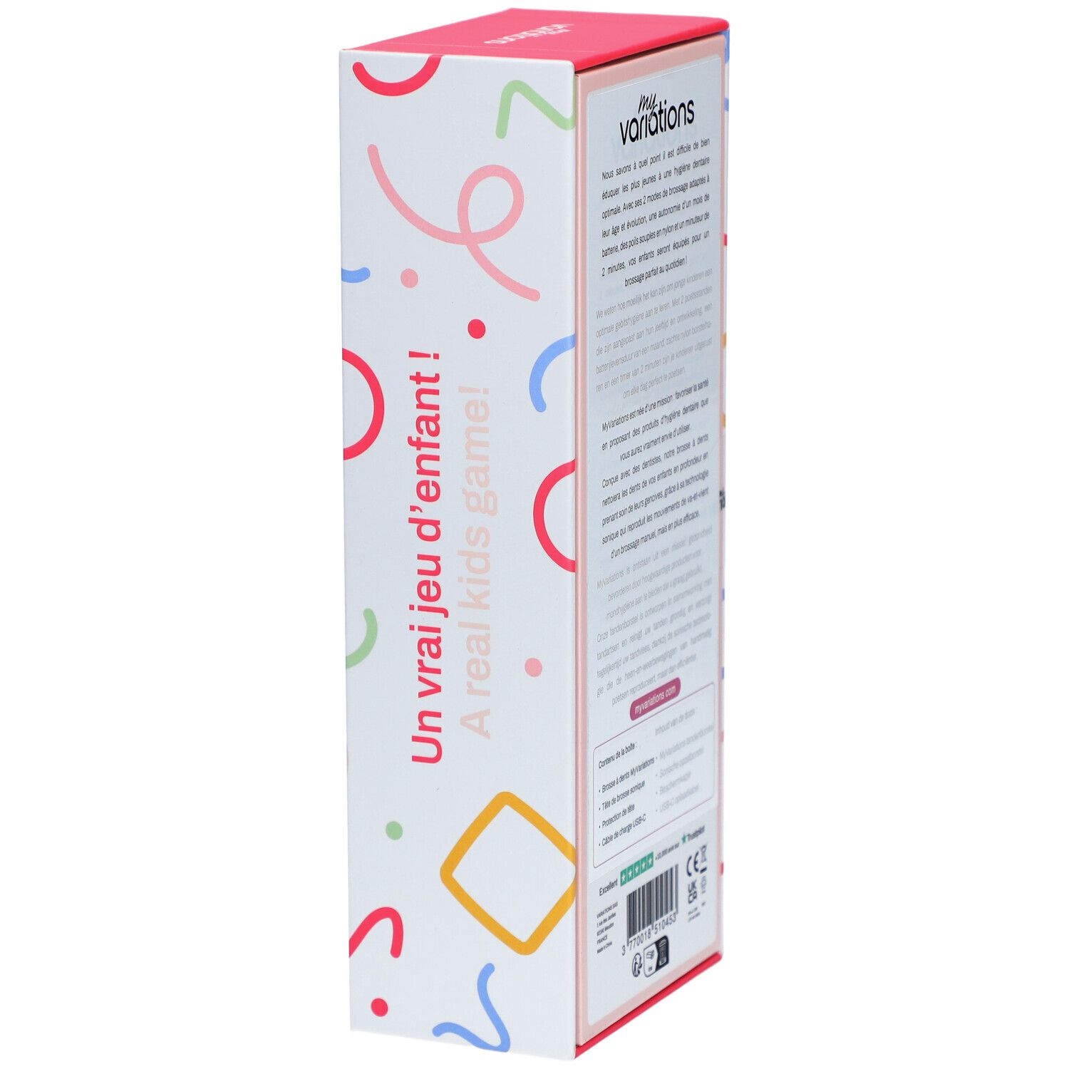 Seite der Verpackung der elektrischen Zahnbürste Kids Sonic Pink. Text in mehreren Sprachen. Produktname und Logos.