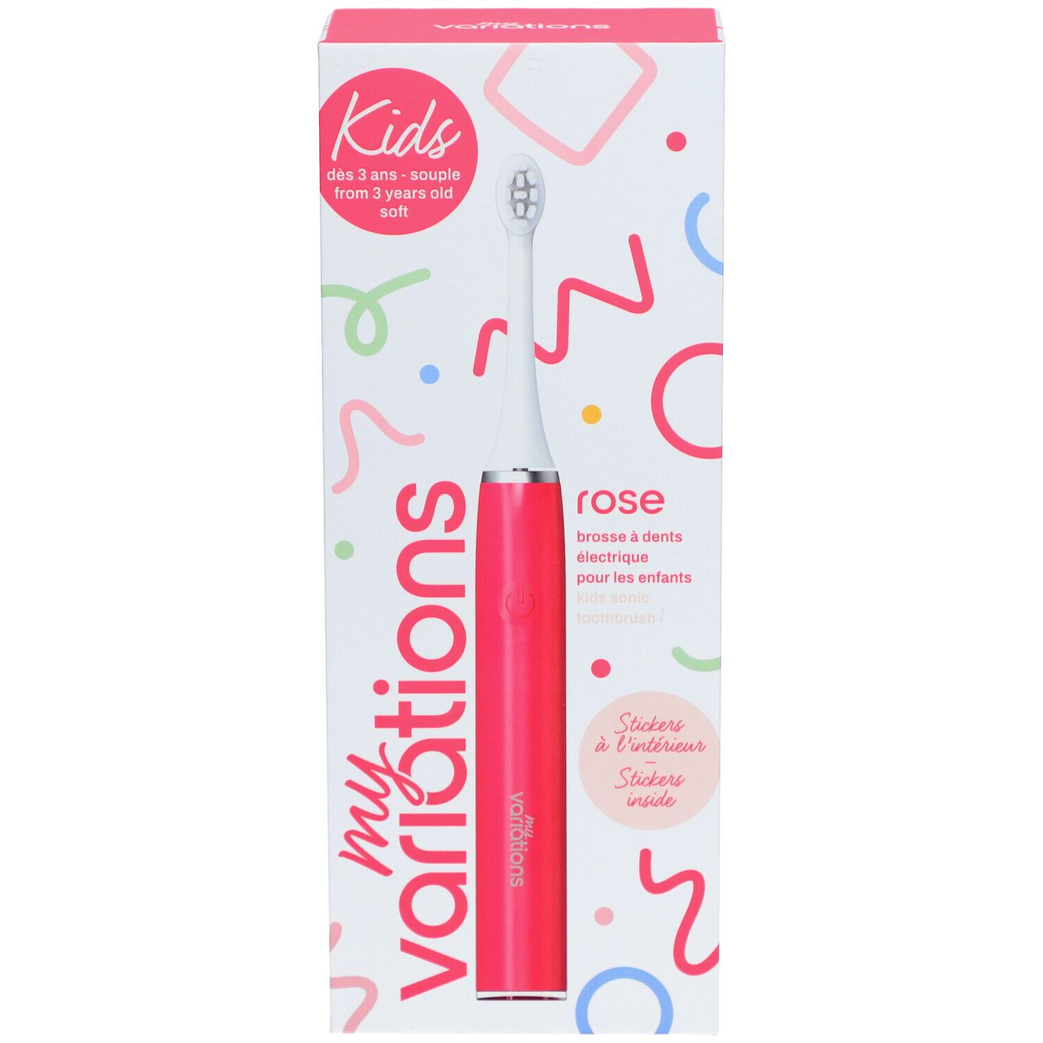Elektrische Zahnbürste Kids Sonic Pink in Verpackung. Rosa Bürste, weißer Bürstenkopf. Verpackung mit bunten Formen und Produktnamen.