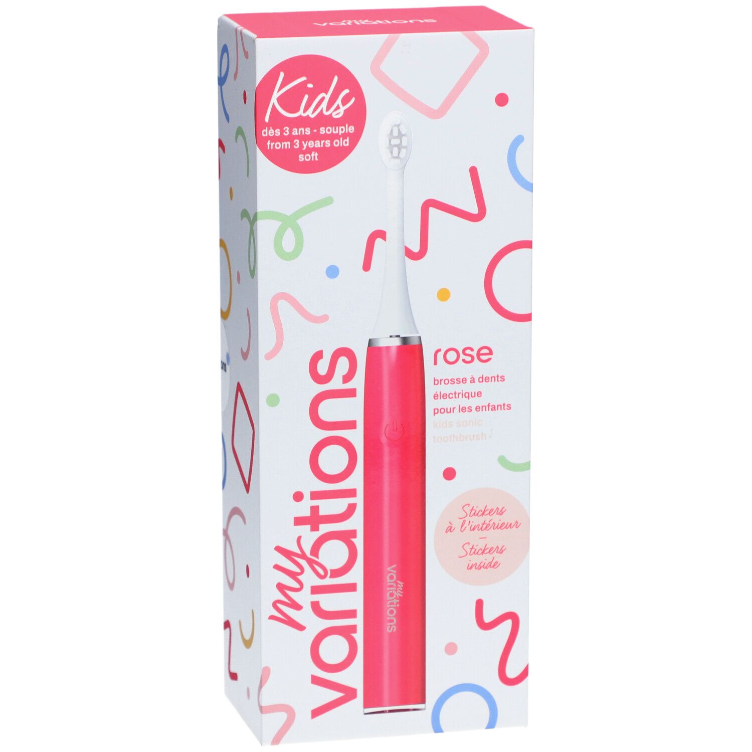 Elektrische Zahnbürste Kids Sonic Pink in Verpackung. Rosa Bürste, weißer Bürstenkopf. Verpackung mit bunten Formen und Produktnamen.