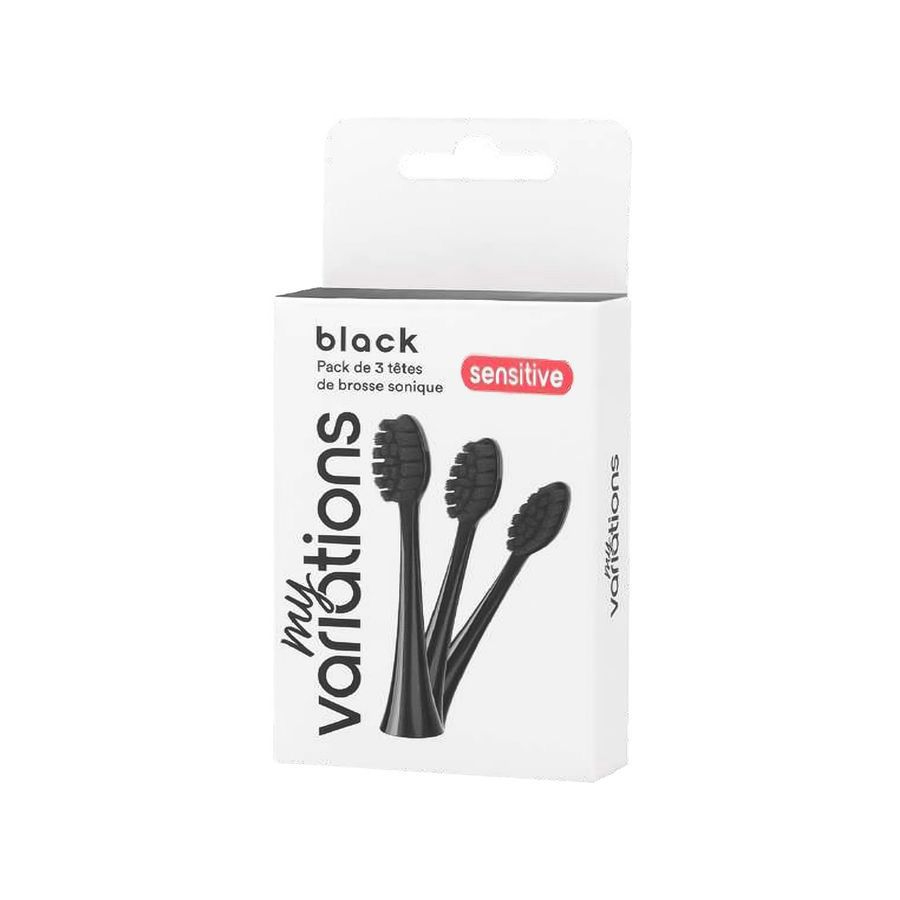 Boîte avec 3 têtes de brosse noires. Marque myvariations. Texte: black sensitive.