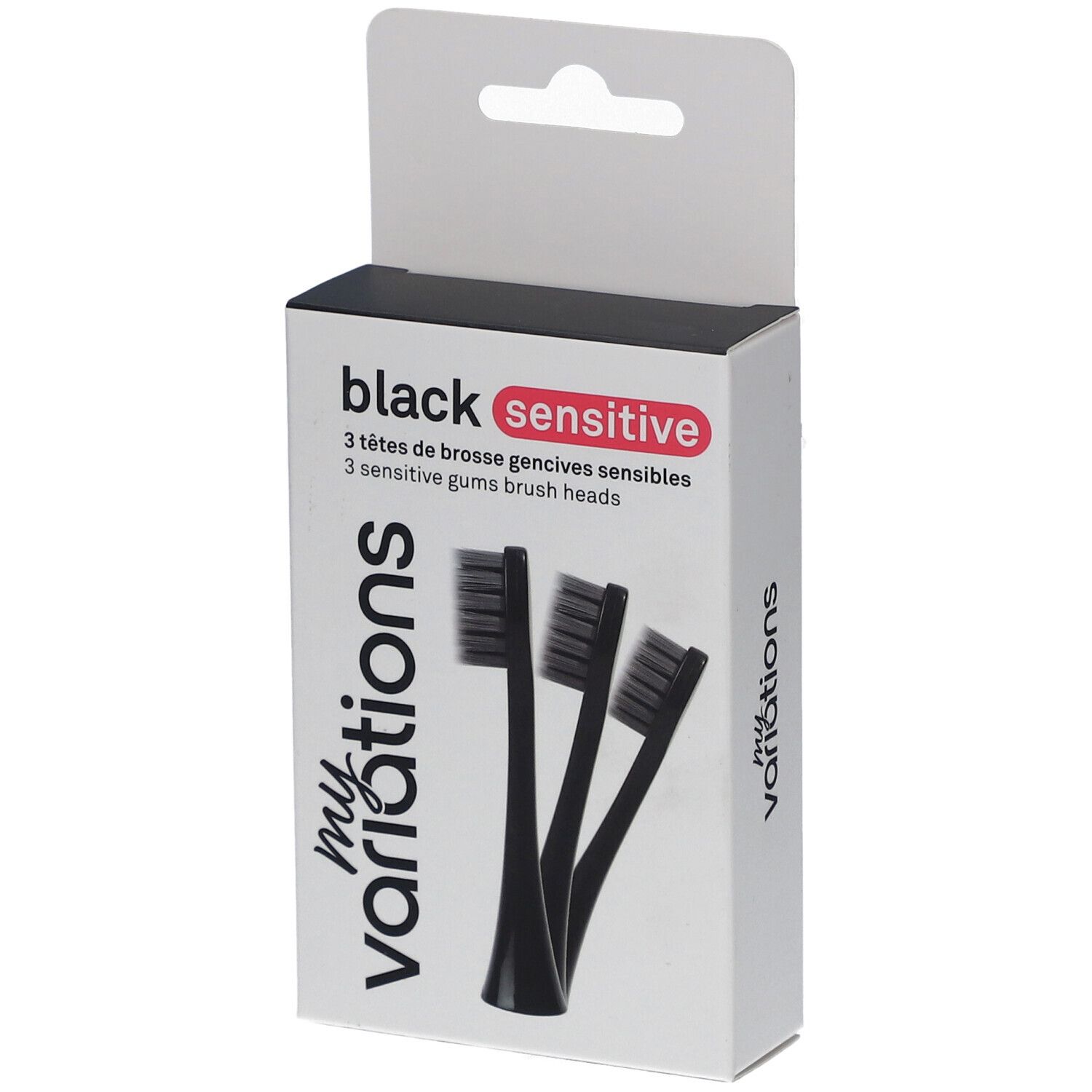Verpackung mit drei schwarzen Bürstenköpfen für empfindliches Zahnfleisch. Marke: myvariations. Text: black sensitive.