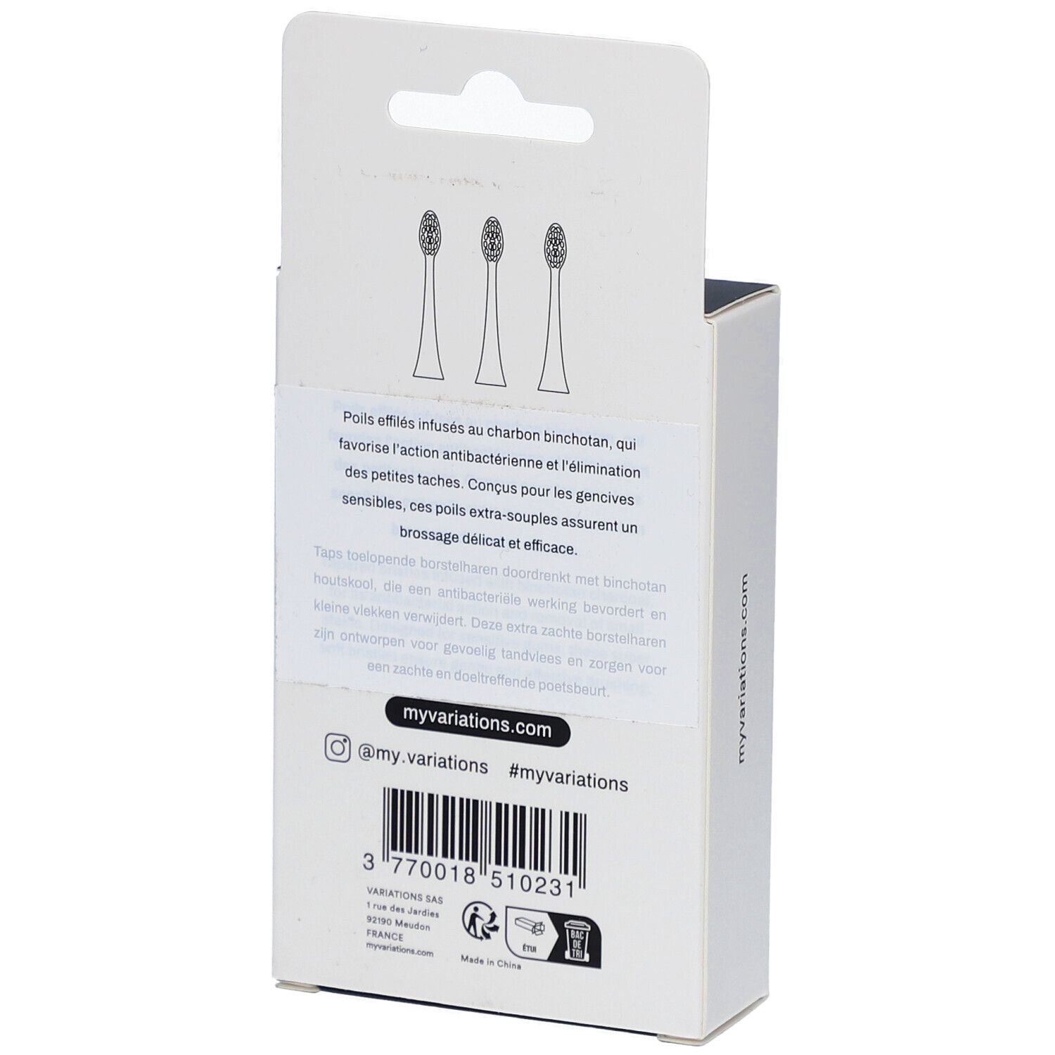 Rückseite der Verpackung mit Text. Marke myvariations. Barcode und Website-Adresse: myvariations.com. Text in Französisch und Niederländisch.
