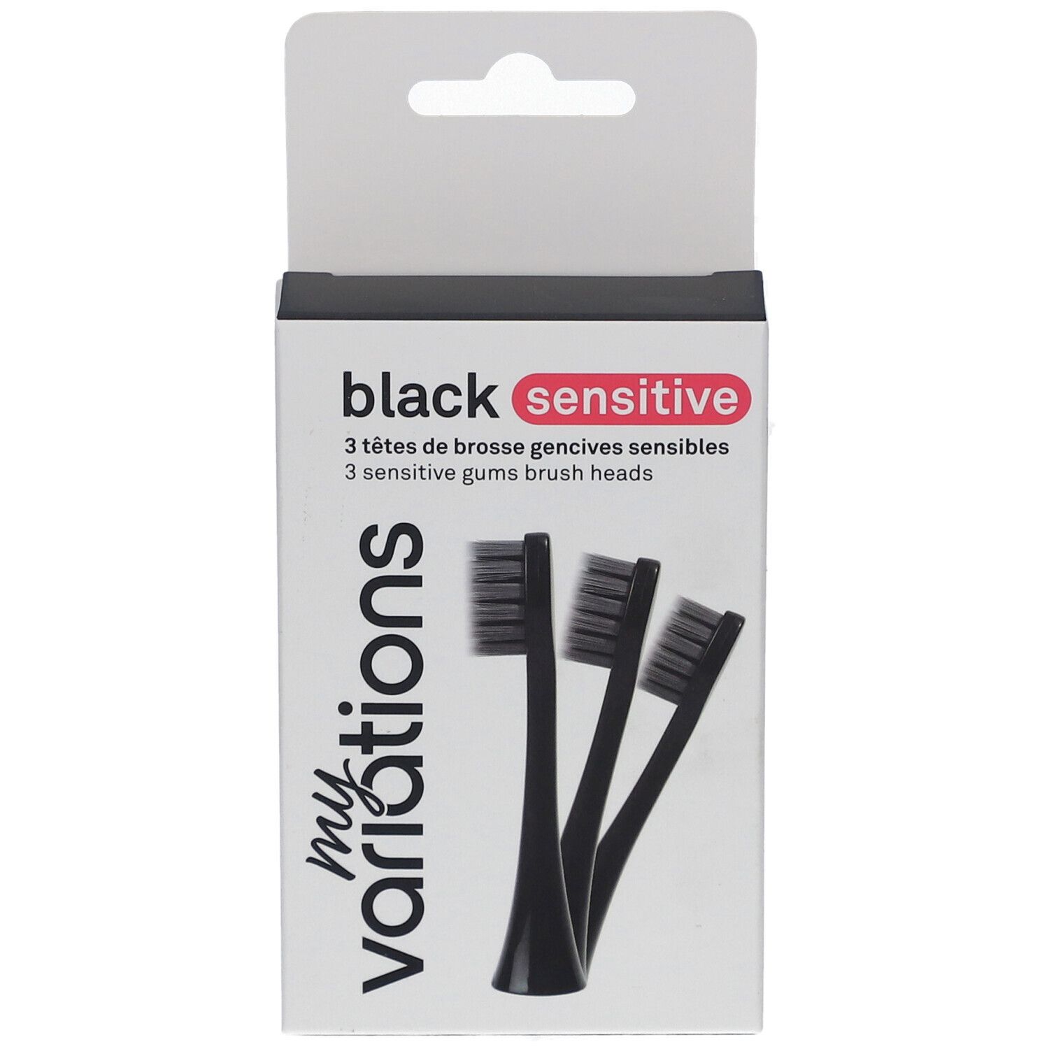 Verpackung mit drei schwarzen Bürstenköpfen für empfindliches Zahnfleisch. Marke: myvariations. Text: black sensitive.