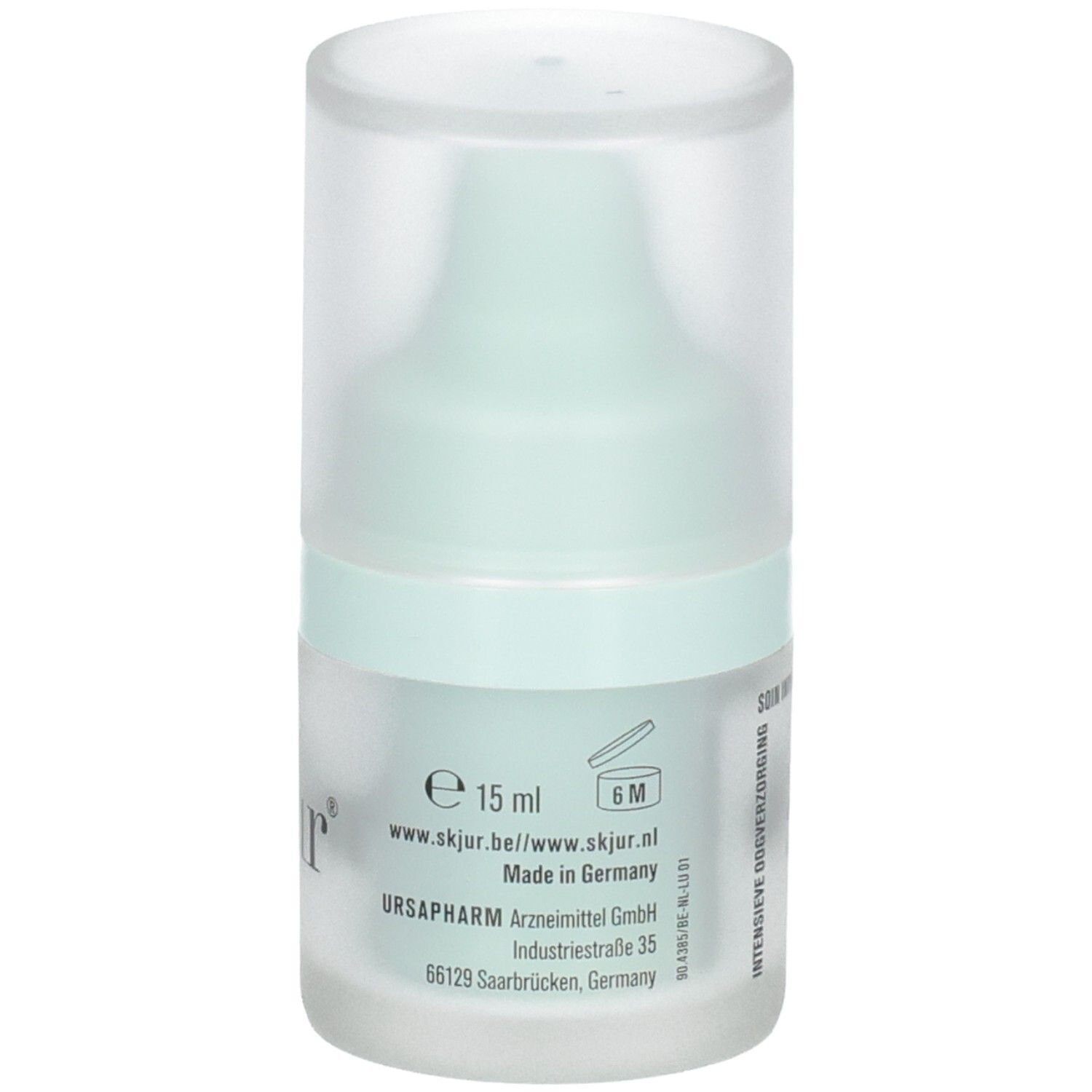 Skjur Intensive Augenpflege Flakon, 15ml. Enthält Informationen wie Website und Herstellungsort.