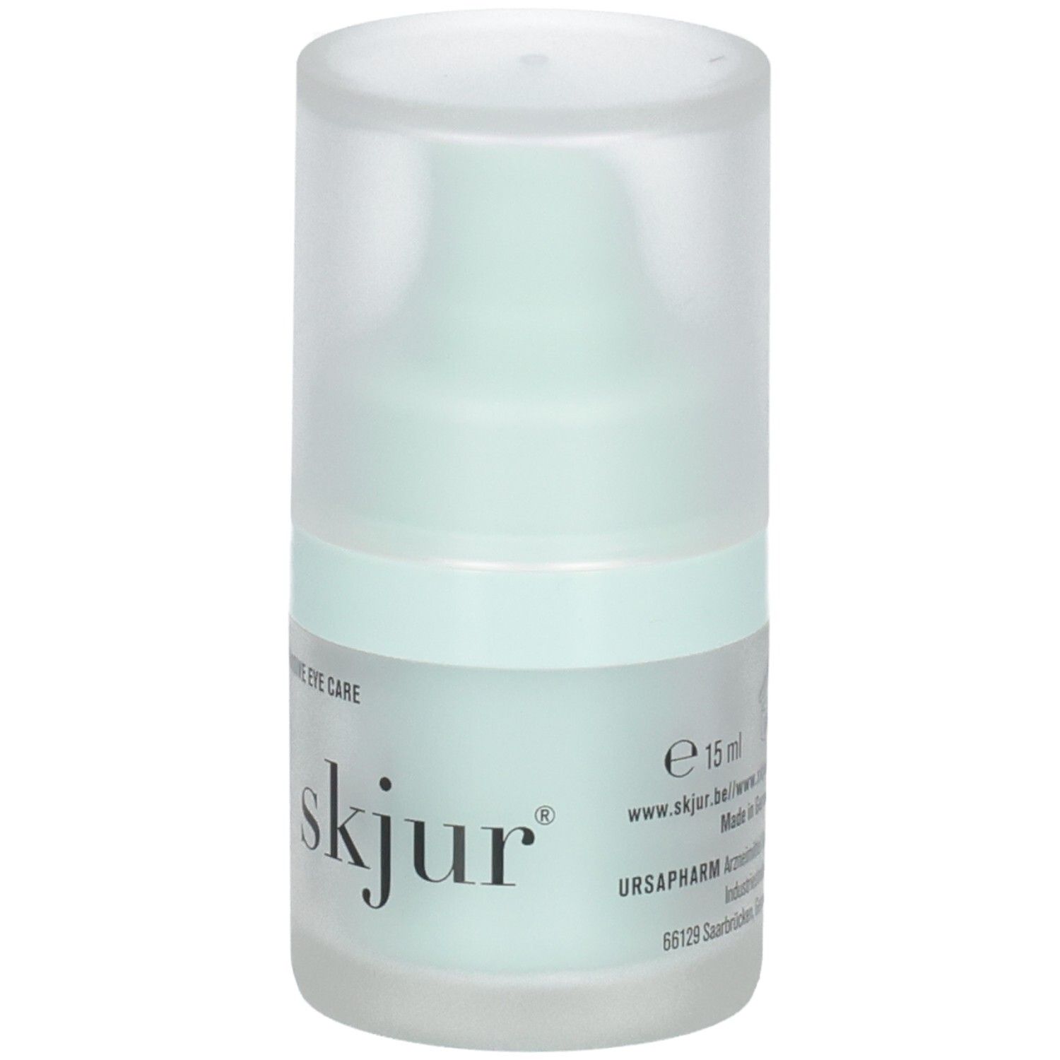 Skjur Intensive Augenpflege Flakon, 15ml. Enthält Informationen wie Website und Herstellungsort.