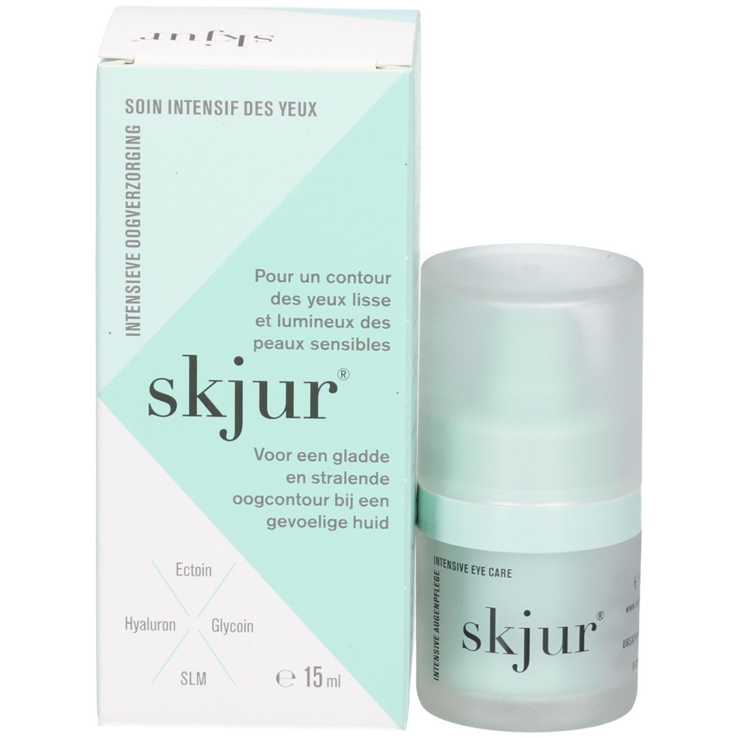 Skjur Intensive Augenpflege Flakon und Faltschachtel. Enthält Ectoin, Hyaluron, Glycoin.