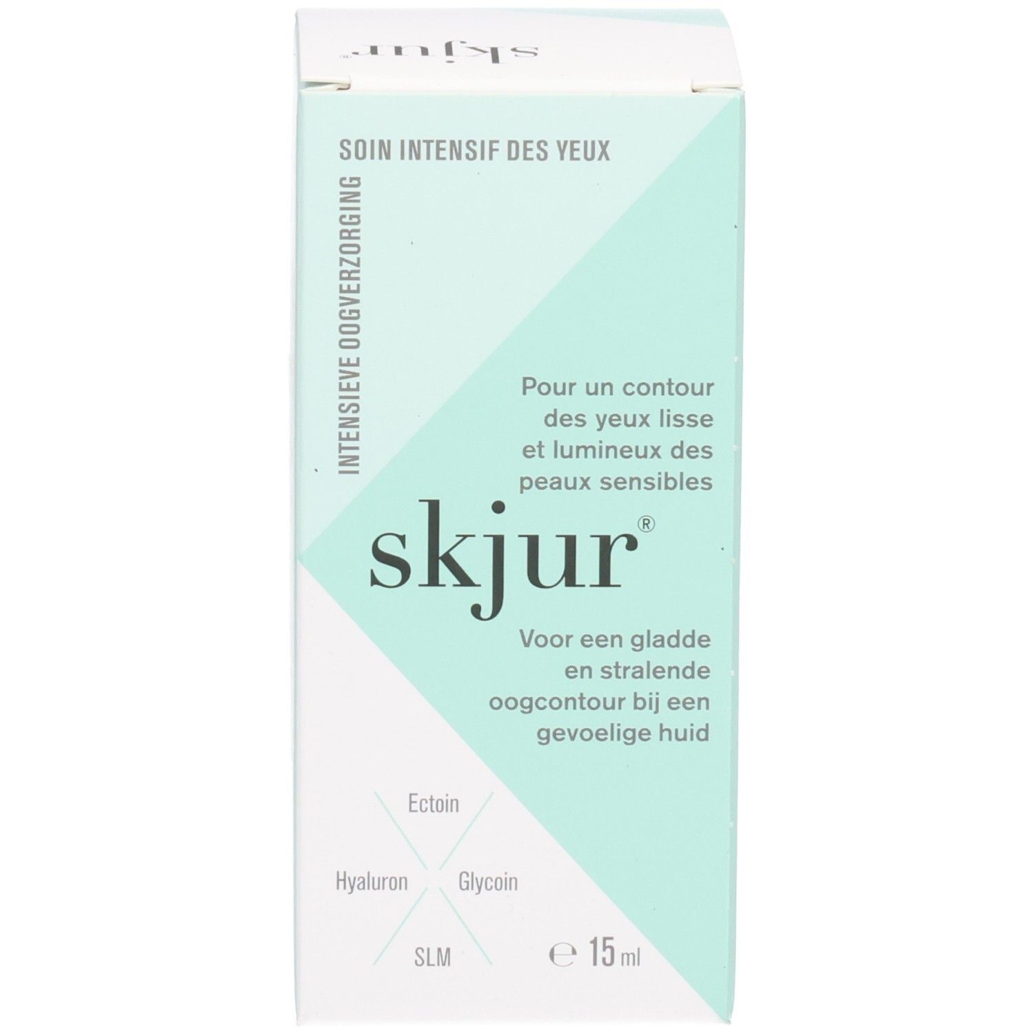 Skjur Intensive Augenpflege Flakon und Faltschachtel. Enthält Ectoin, Hyaluron, Glycoin.