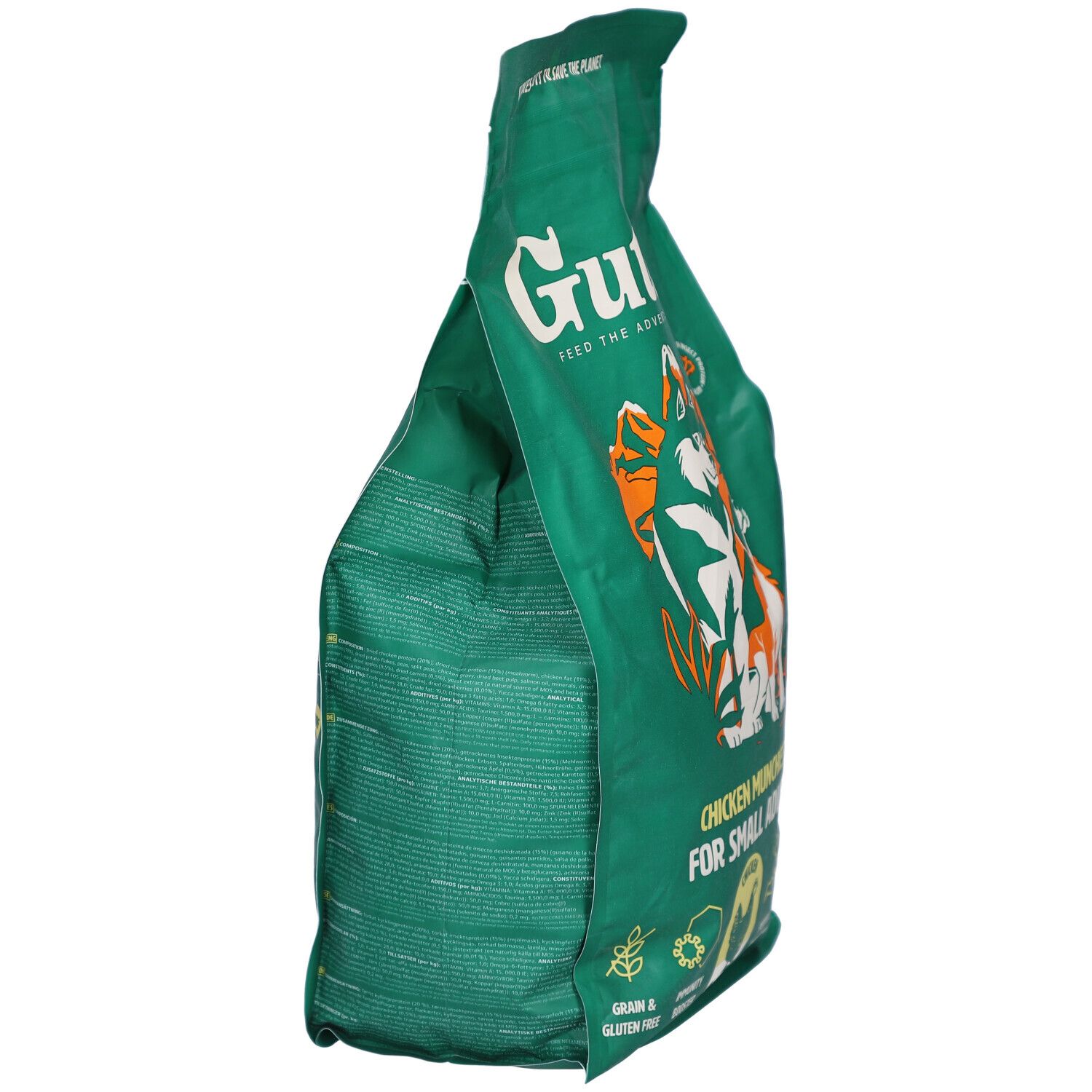 Grüne Tüte, Seitenansicht. Gutsy Chicken Munchies. Text: Grain & Gluten Free. Illustration von Hunden. Teilweise geöffnet.