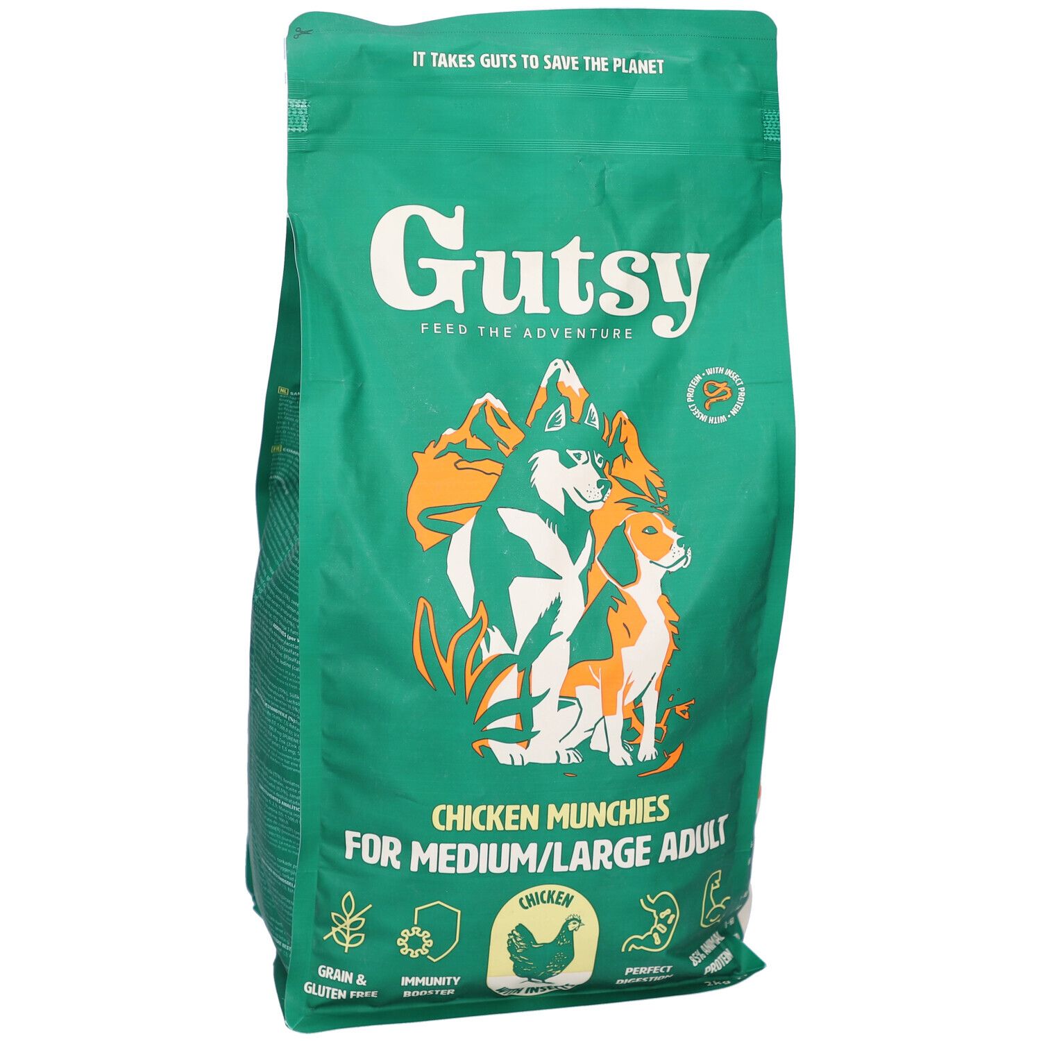 Sac vert de nourriture pour chiens. Inscription: Gutsy Chicken Munchies pour chiens moyens/grands. Illustration de chiens.