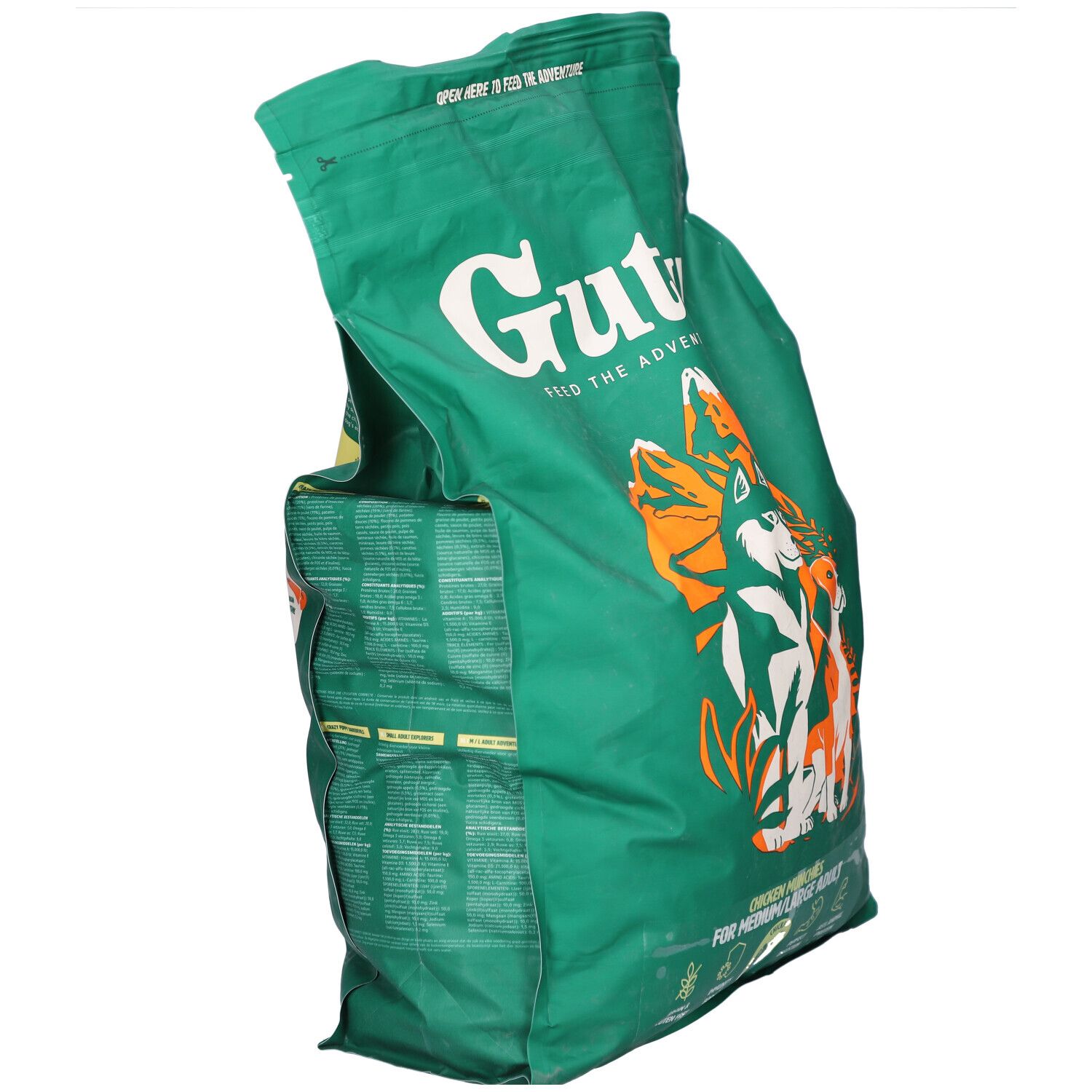 Sac vert Gutsy avec logo et chiens. Texte: Chicken Munchies pour chiens moyens/grands. Vue arrière détaillée.
