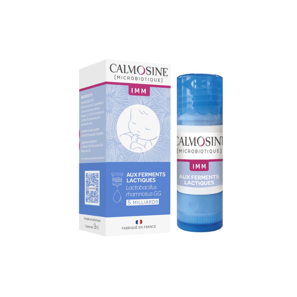 Boîte et flacon Calmosine IMM. Inscription: Aux ferments lactiques, Lactobacillus rhamnosus GG, 5 milliards. Flacon bleu.
