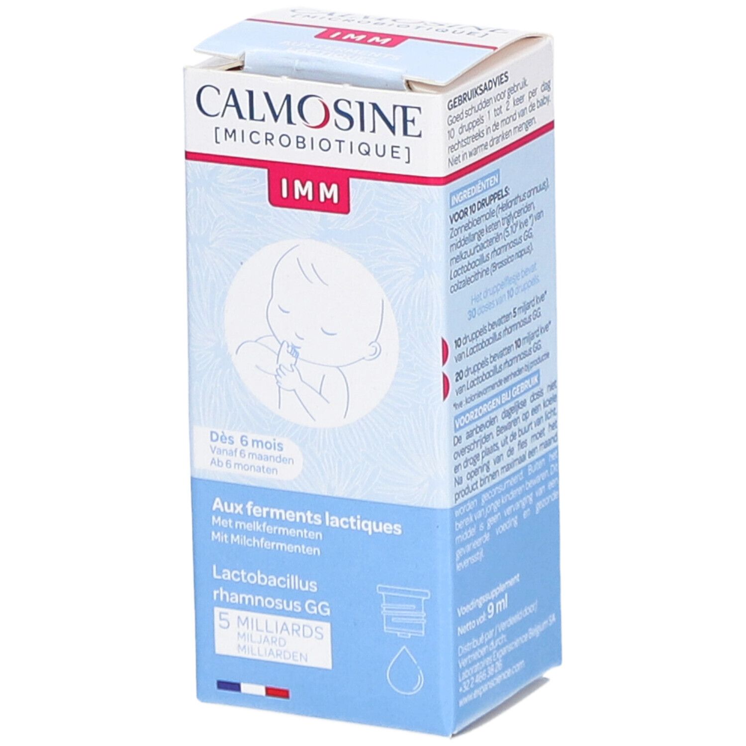 Karton mit Produktinformationen. Aufschrift: Calmosine IMM, Aux ferments lactiques, Lactobacillus rhamnosus GG, 5 Milliarden.