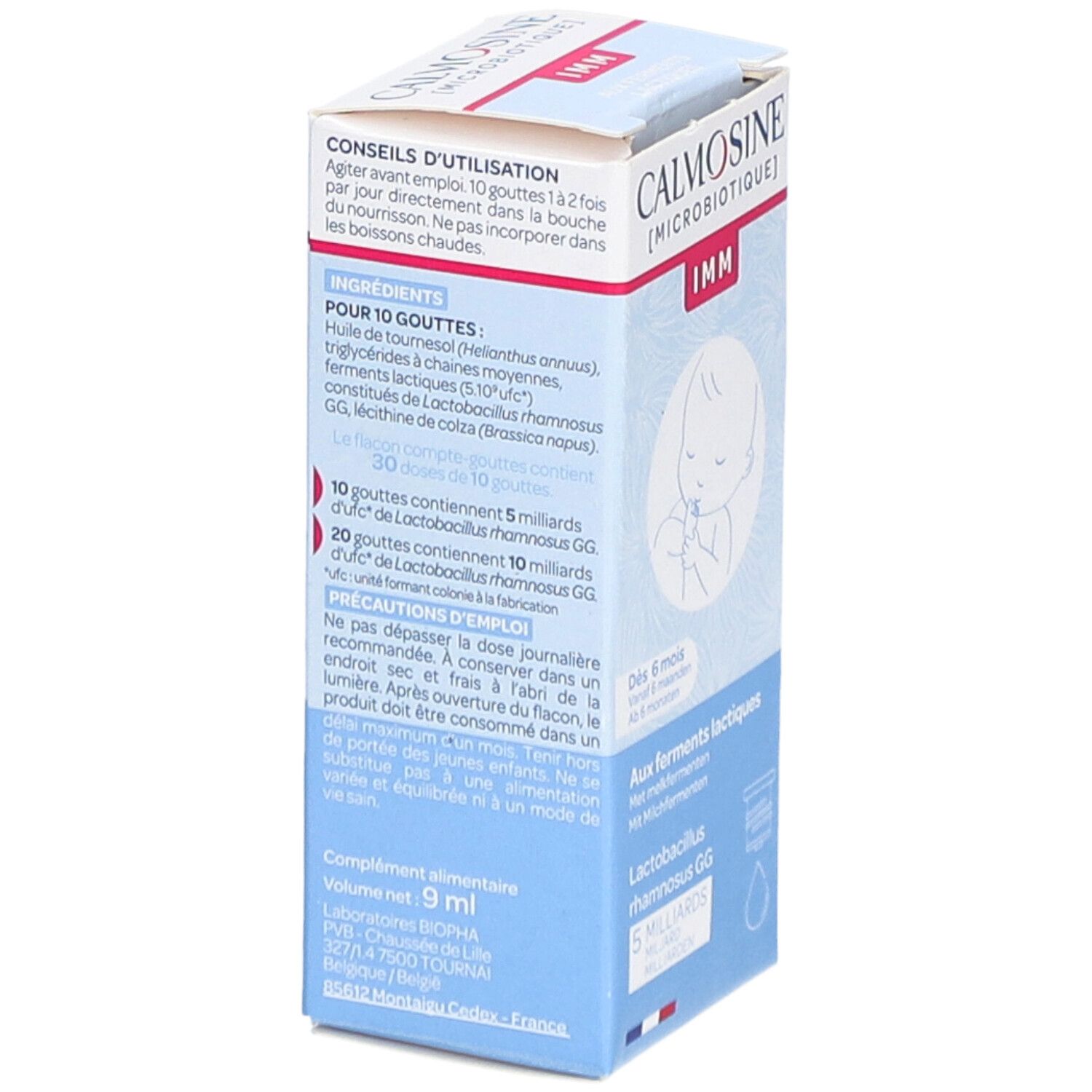 Produktverpackung mit Informationen. Aufschrift: Calmosine IMM, Aux ferments lactiques, Lactobacillus rhamnosus GG, 5 Milliarden.