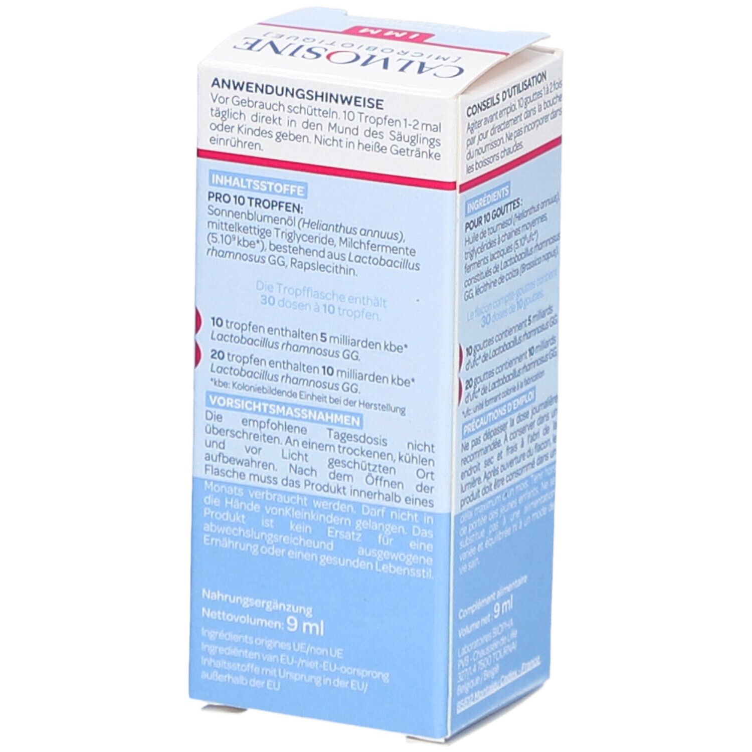 Produktverpackung mit Informationen. Aufschrift: Calmosine IMM, Aux ferments lactiques, Lactobacillus rhamnosus GG, 5 Milliarden.