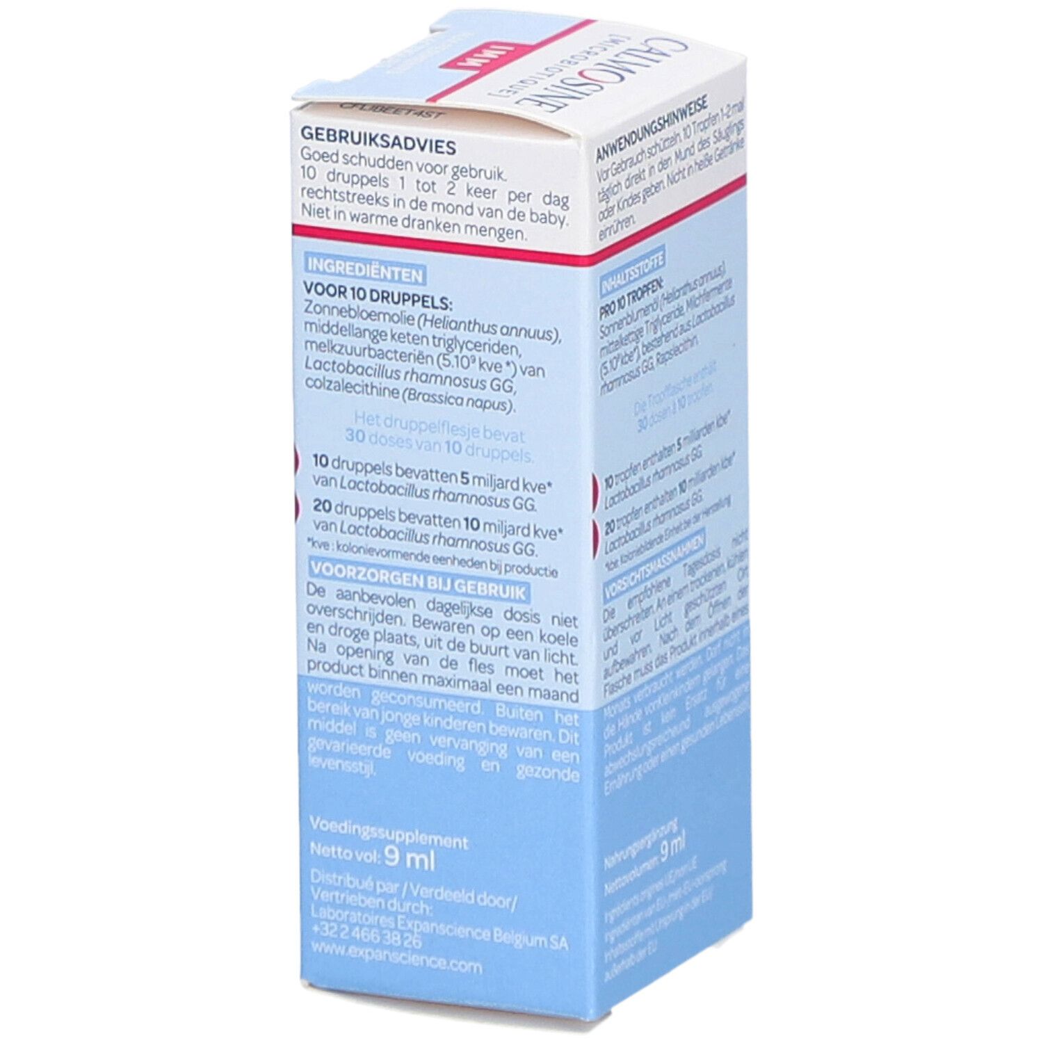 Produktverpackung mit Informationen. Aufschrift: Calmosine IMM, Aux ferments lactiques, Lactobacillus rhamnosus GG, 5 Milliarden.