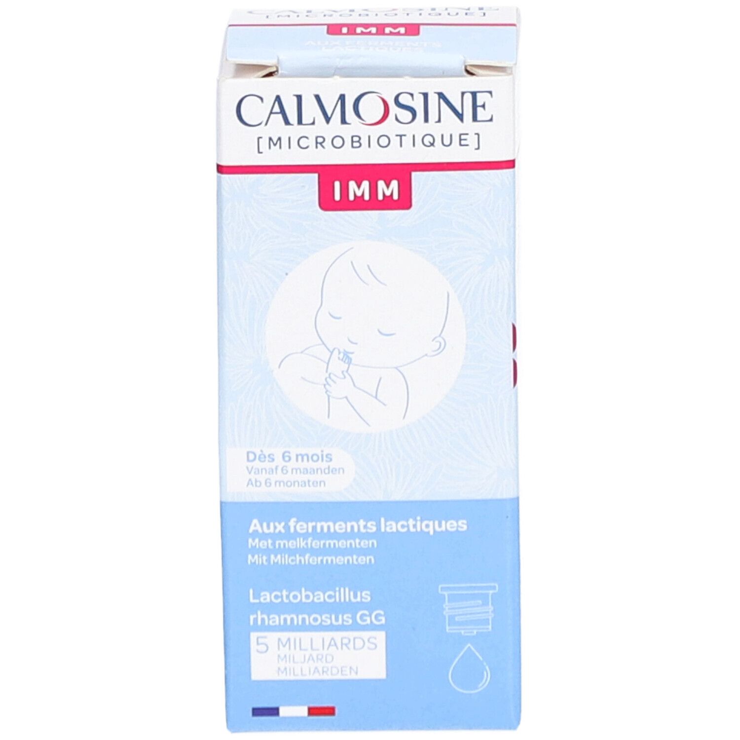 Produktverpackung mit Informationen. Aufschrift: Calmosine IMM, Aux ferments lactiques, Lactobacillus rhamnosus GG, 5 Milliarden.