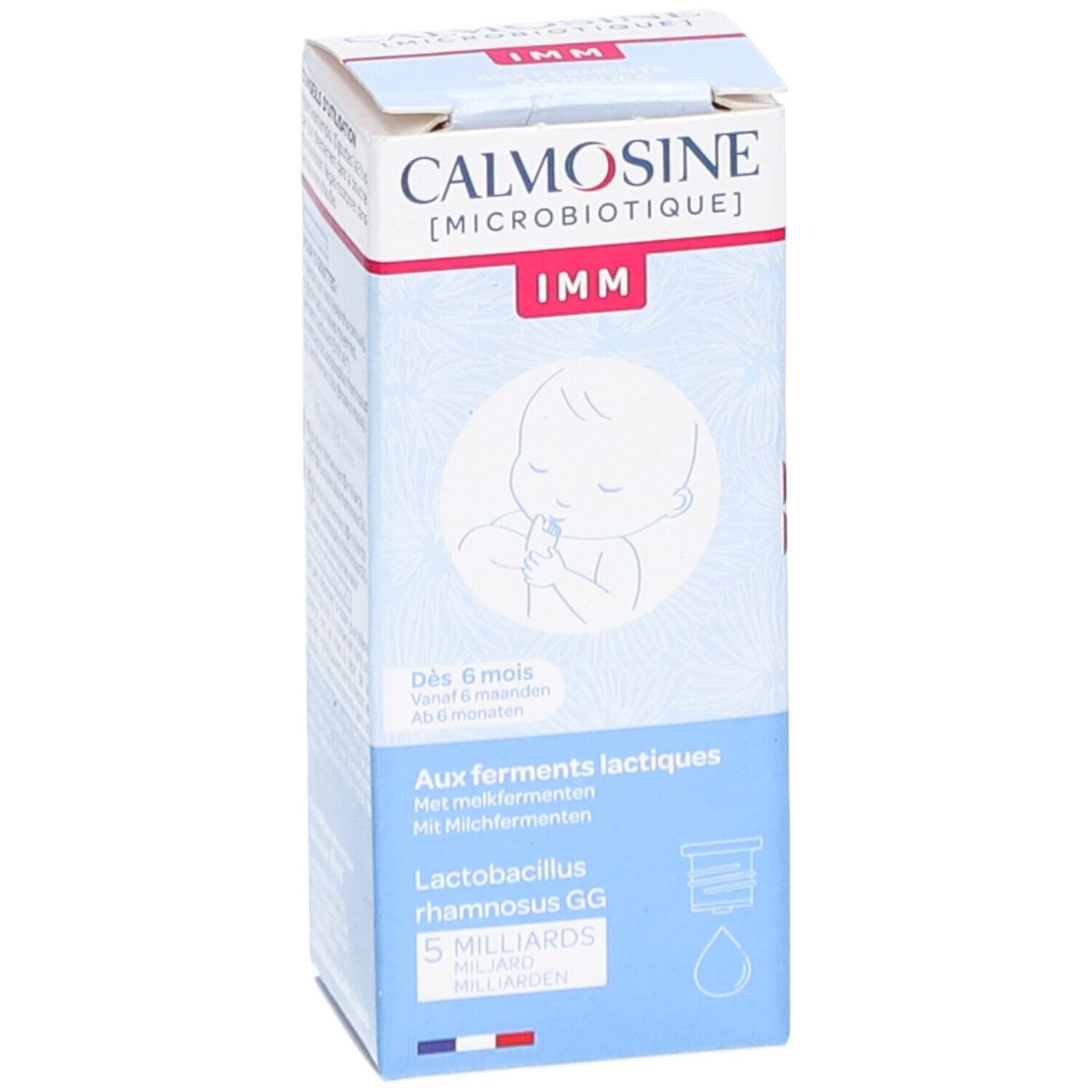 Produktverpackung mit Informationen. Aufschrift: Calmosine IMM, Aux ferments lactiques, Lactobacillus rhamnosus GG, 5 Milliarden.