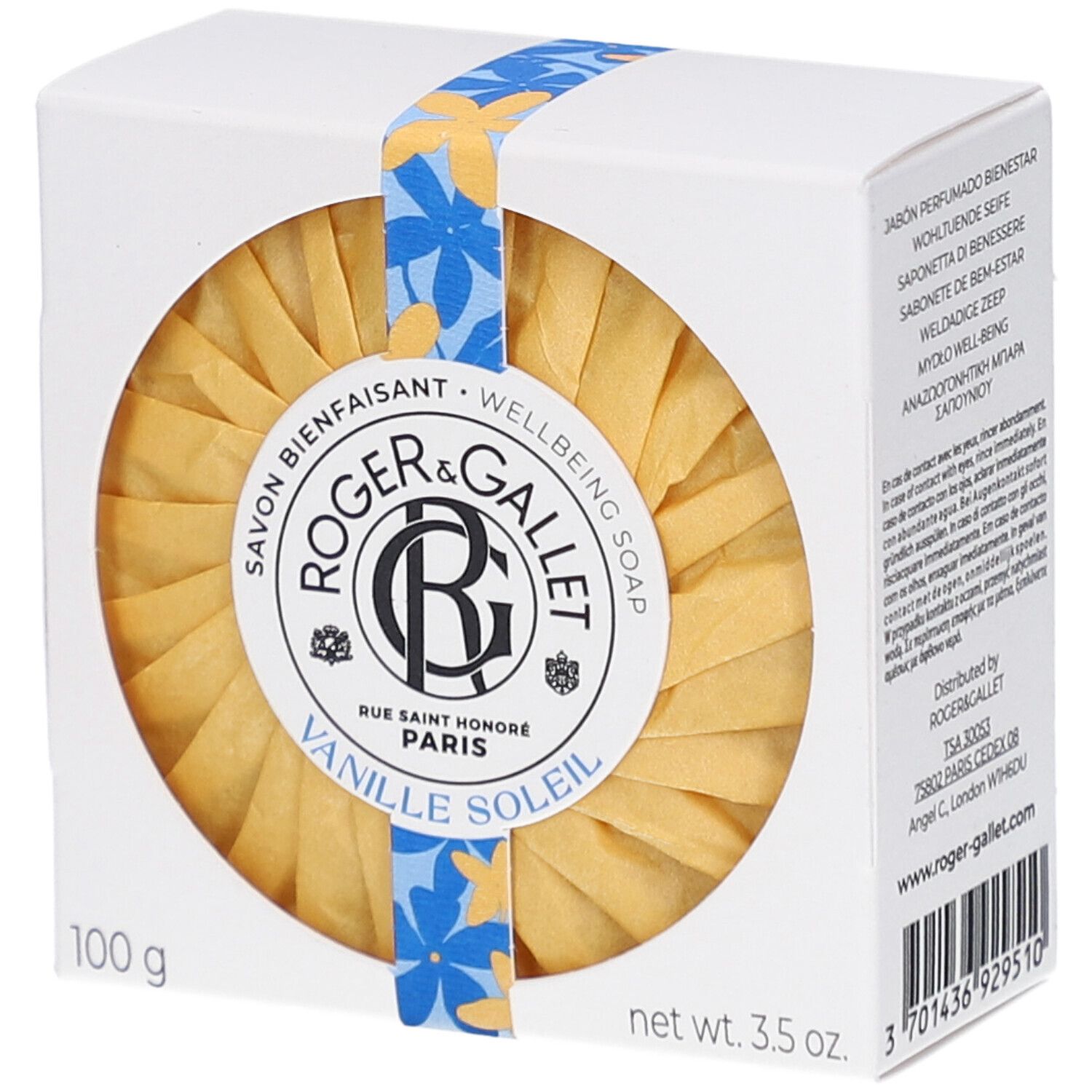 Weißer Karton mit rundem Seifenstück. Aufschrift: Roger & Gallet Vanille Soleil. Gelbe Papierverpackung.