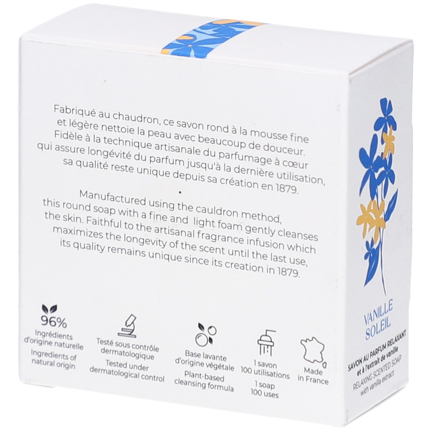 Rückseite des weißen Kartons. Text in mehreren Sprachen. Aufschrift: Vanille Soleil. Mit Zertifizierungen.