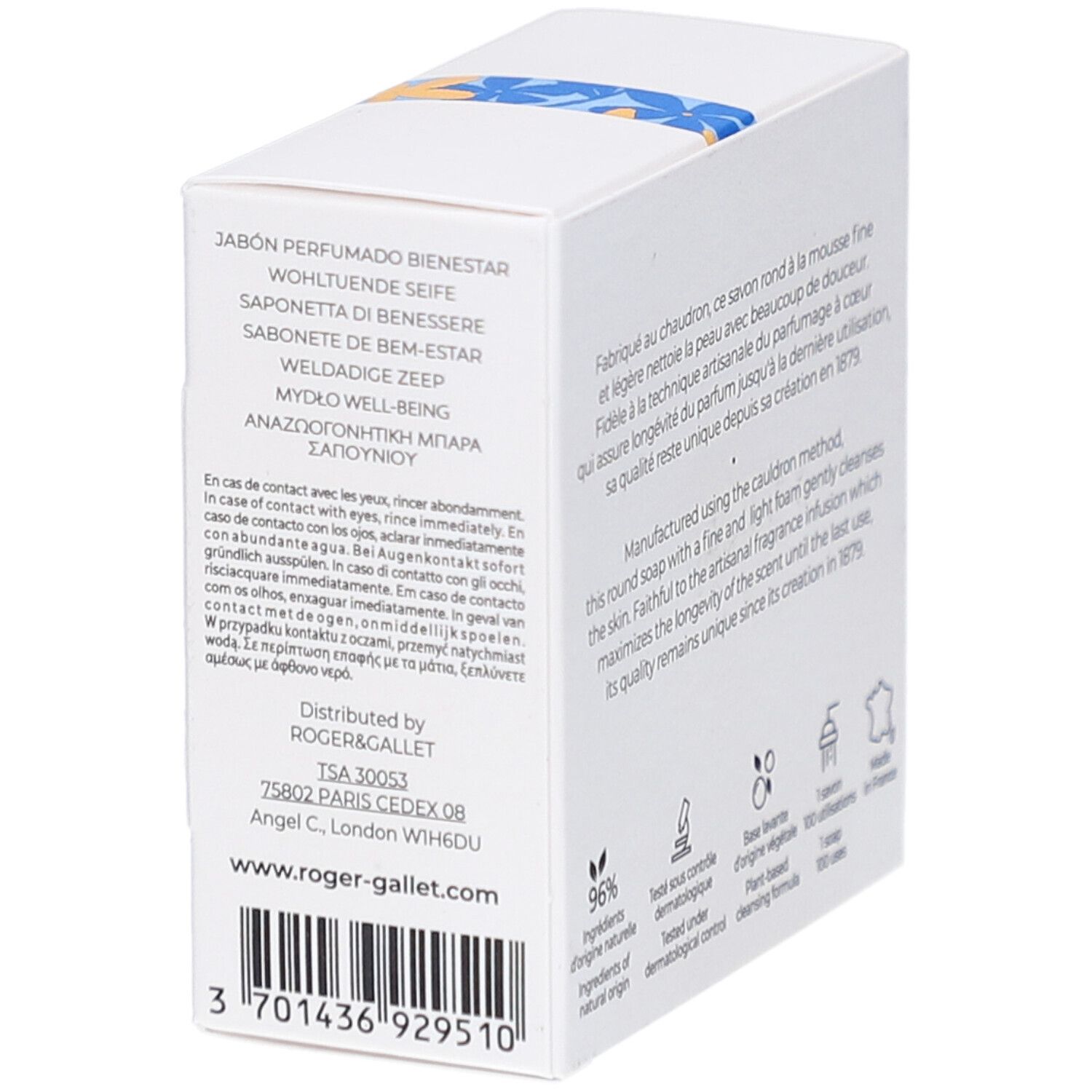 Rückseite des weißen Kartons. Text in mehreren Sprachen. Aufschrift: Roger & Gallet. Barcode.